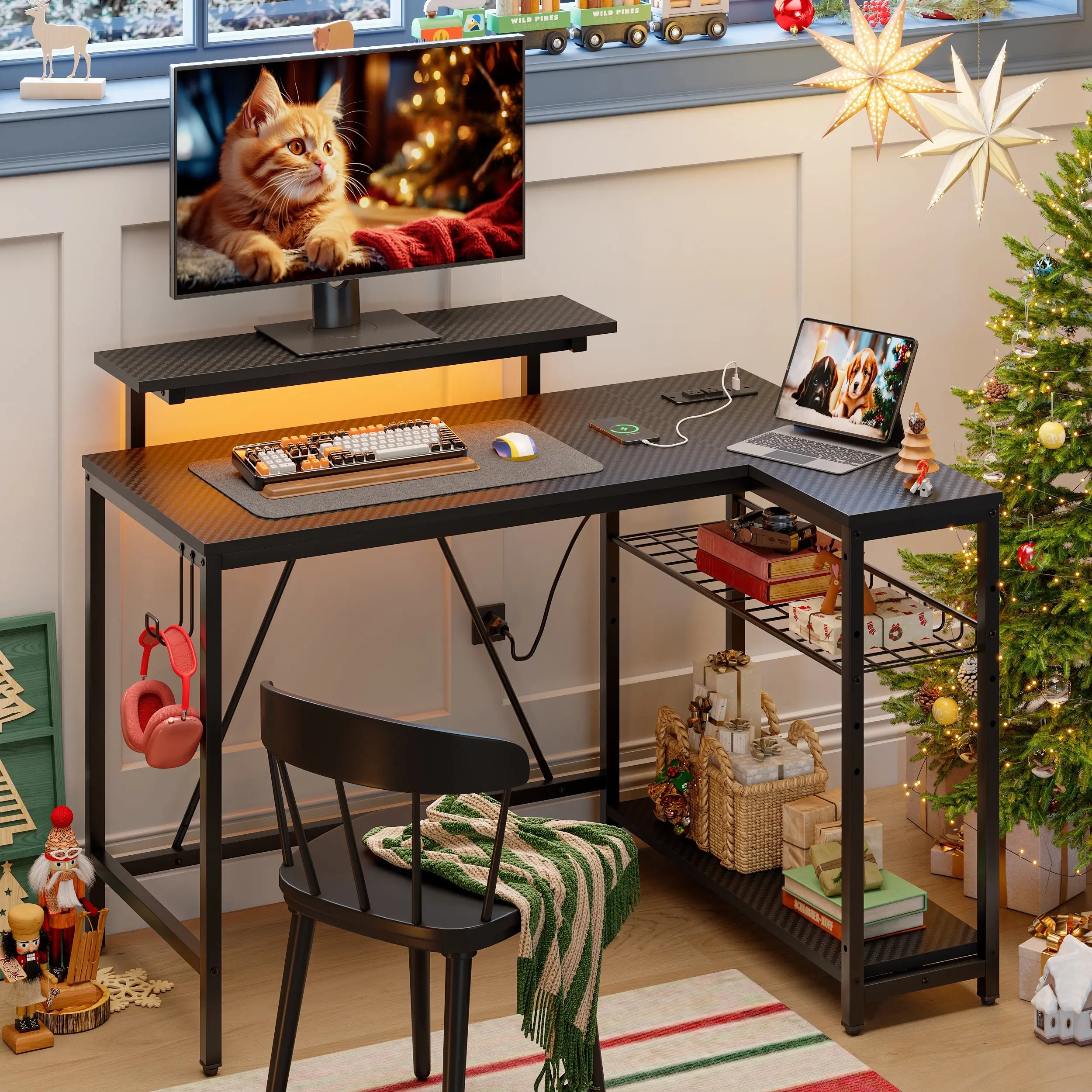 Bestier 42" Reversible L-Shaped Gaming Desk with Power Outlets LED Lights and Monitor Stand &Storage Shelves & Hooks for Bedrooms & Home Offices Bestier