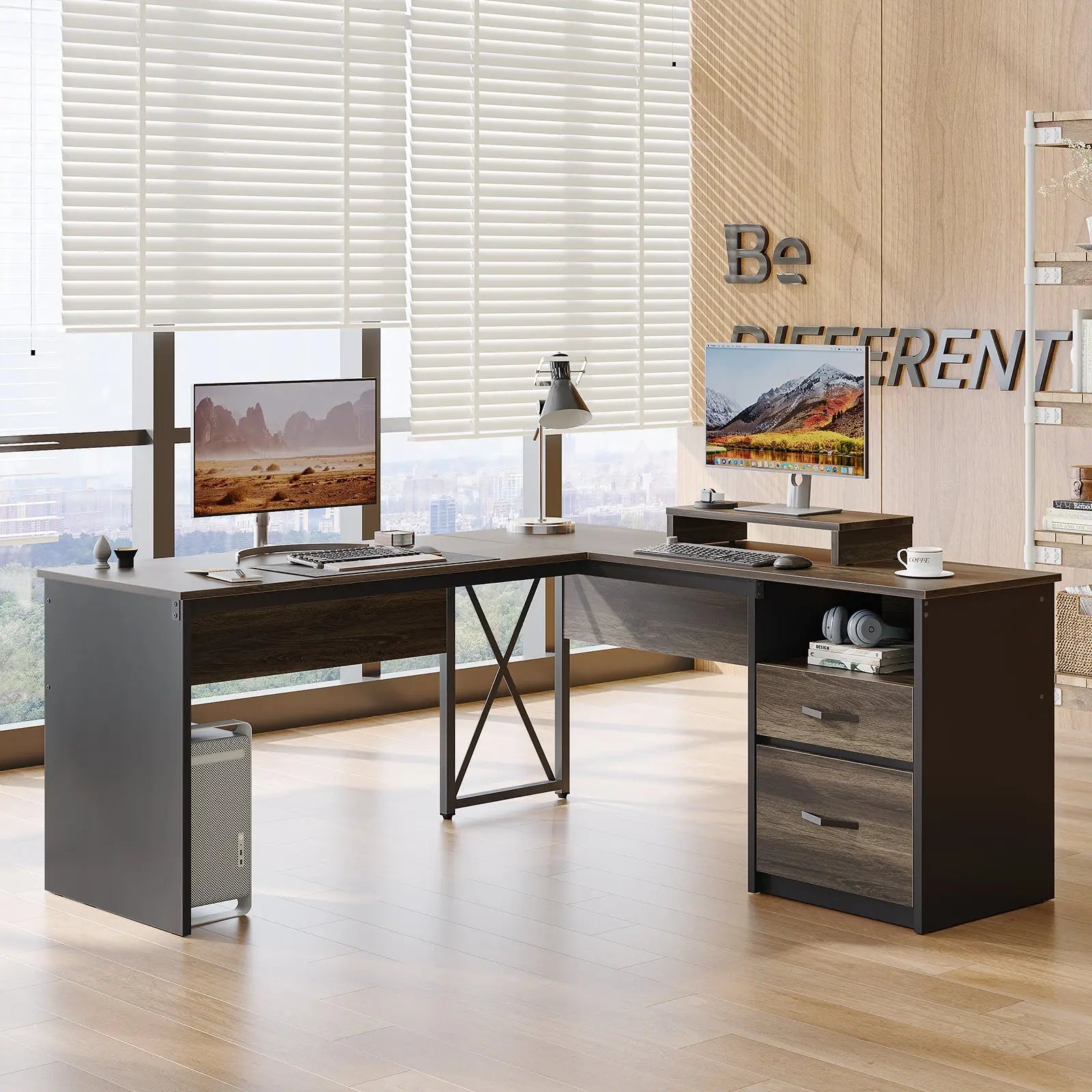 Bestier 56-inch L-Shaped Computer Desk with Drawers and Monitor Stand Bestier