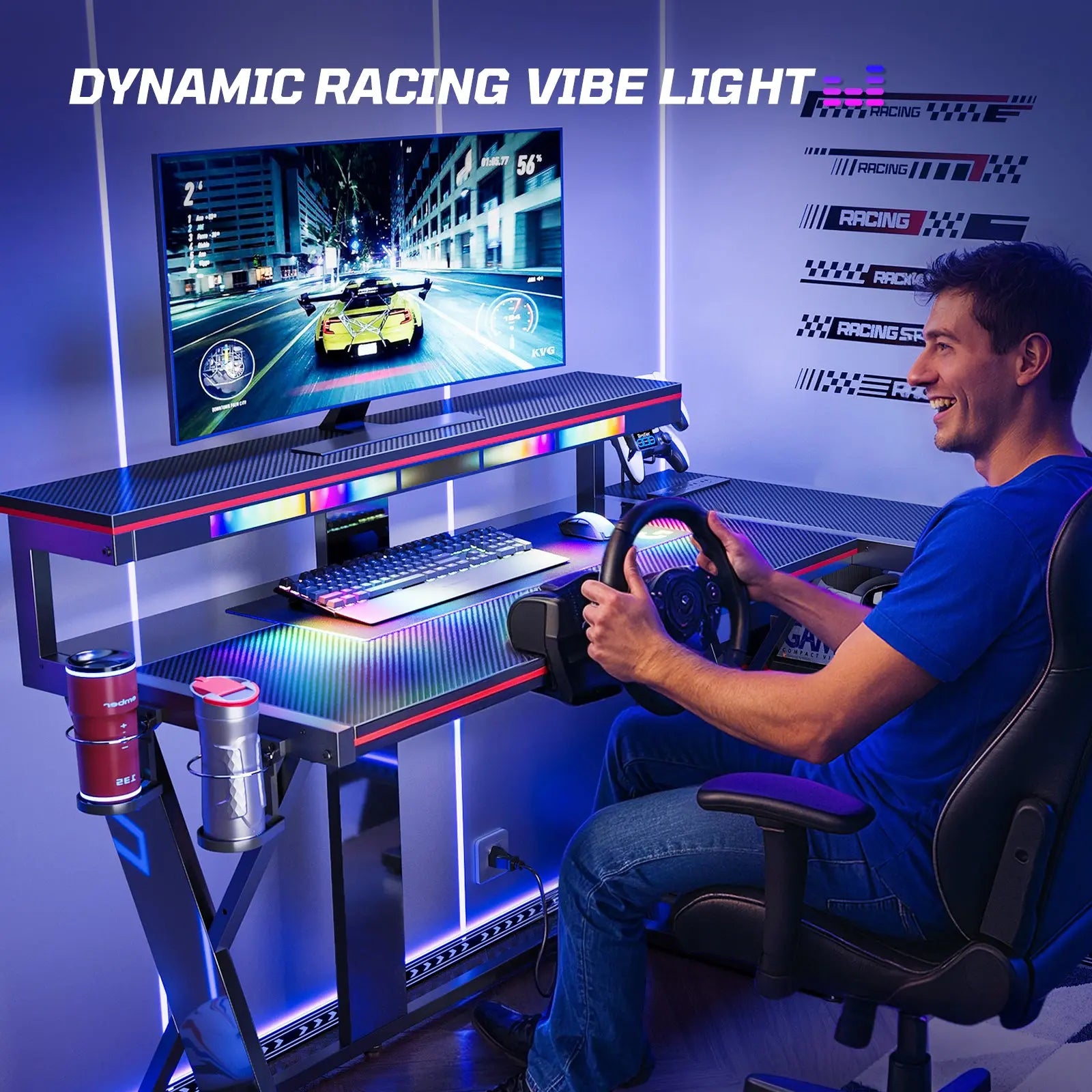 57-inch L-shaped Gaming Desk with RGB Music Sync Lights, 3 AC Outlets & Dual Cup Holders, Black Bestier