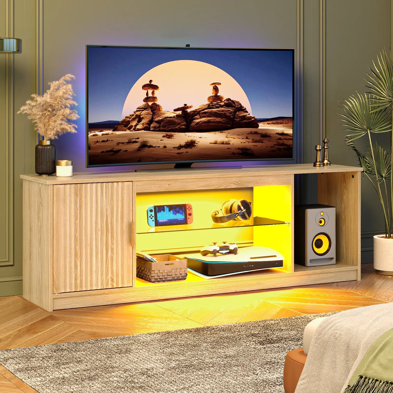 57" Gaming TV Stand with Adjustable Shelves LED-Lit TV Console for 65-Inch TVs with Cabinet Storage Bestier