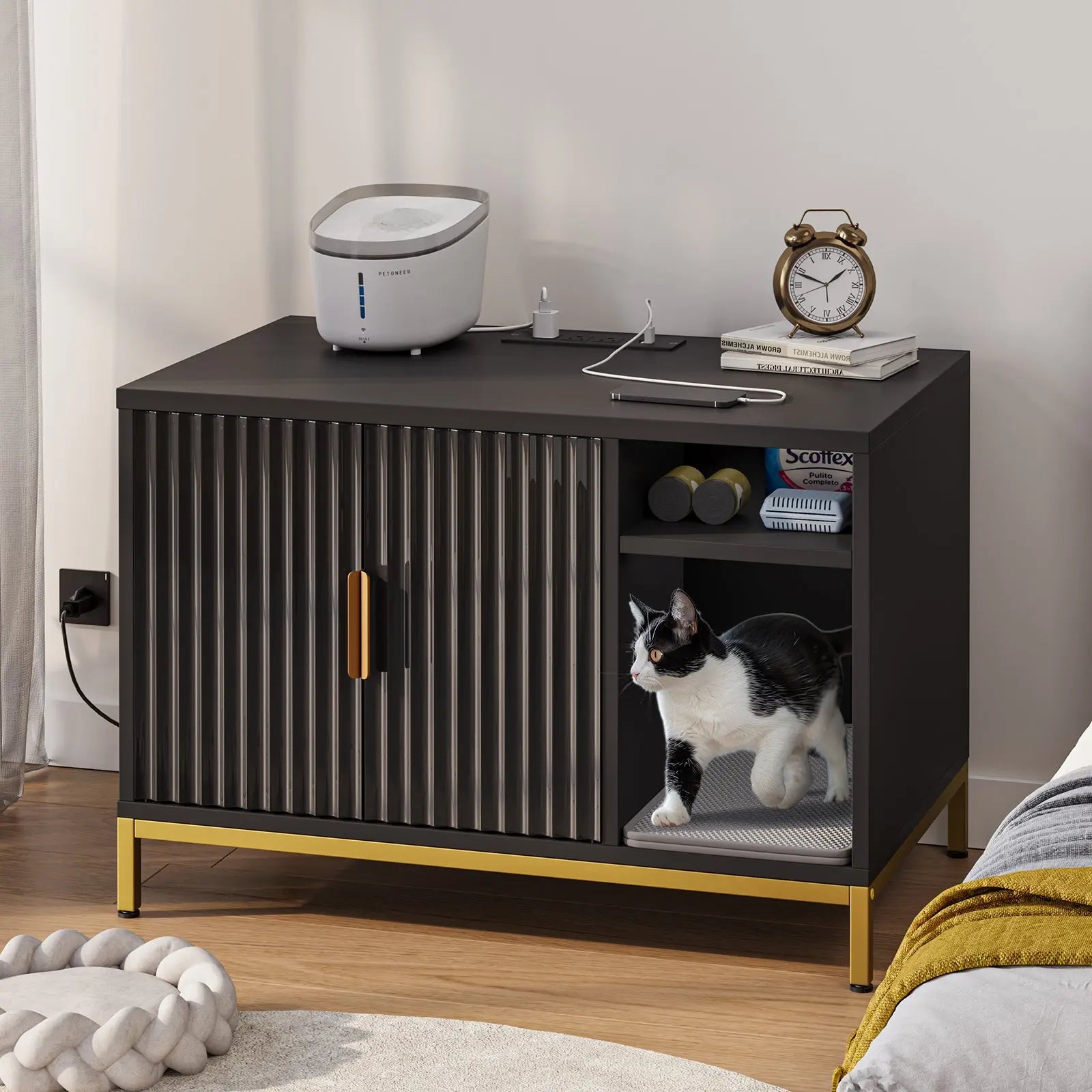 Cat Litter Box Enclosure, Glossy Fluted Hidden Litter Box Cabinet with Power Outlets, Cat Washroom Furniture with Double Layer Litter Mat Bestier