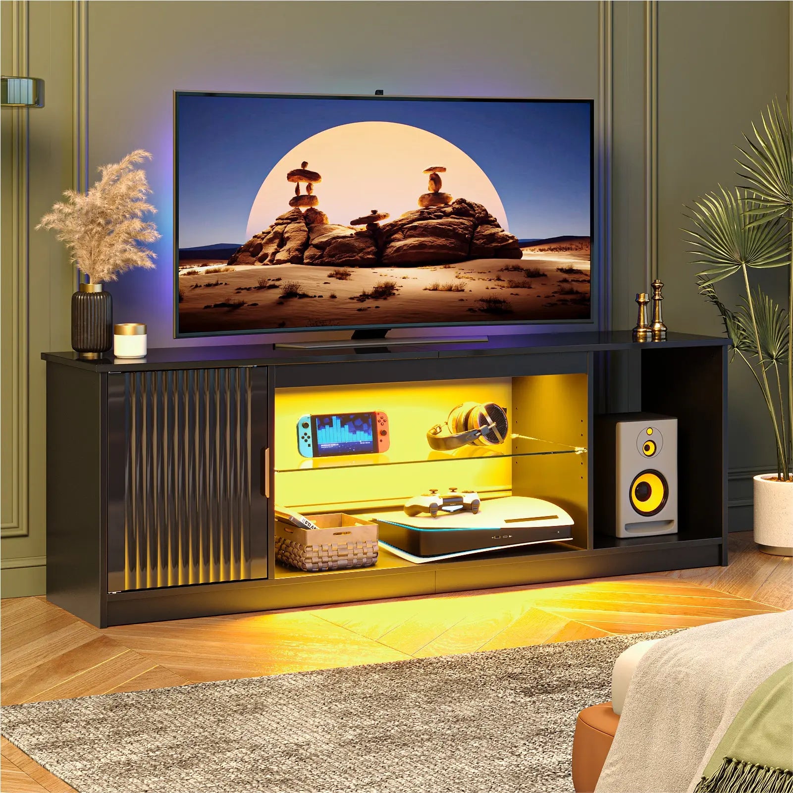 Bestier Fluted TV Stand for TVs up to 65 inch with LED Lights, High Glossy Entertainment Center with Storage Cabinet & Shelves Bestier