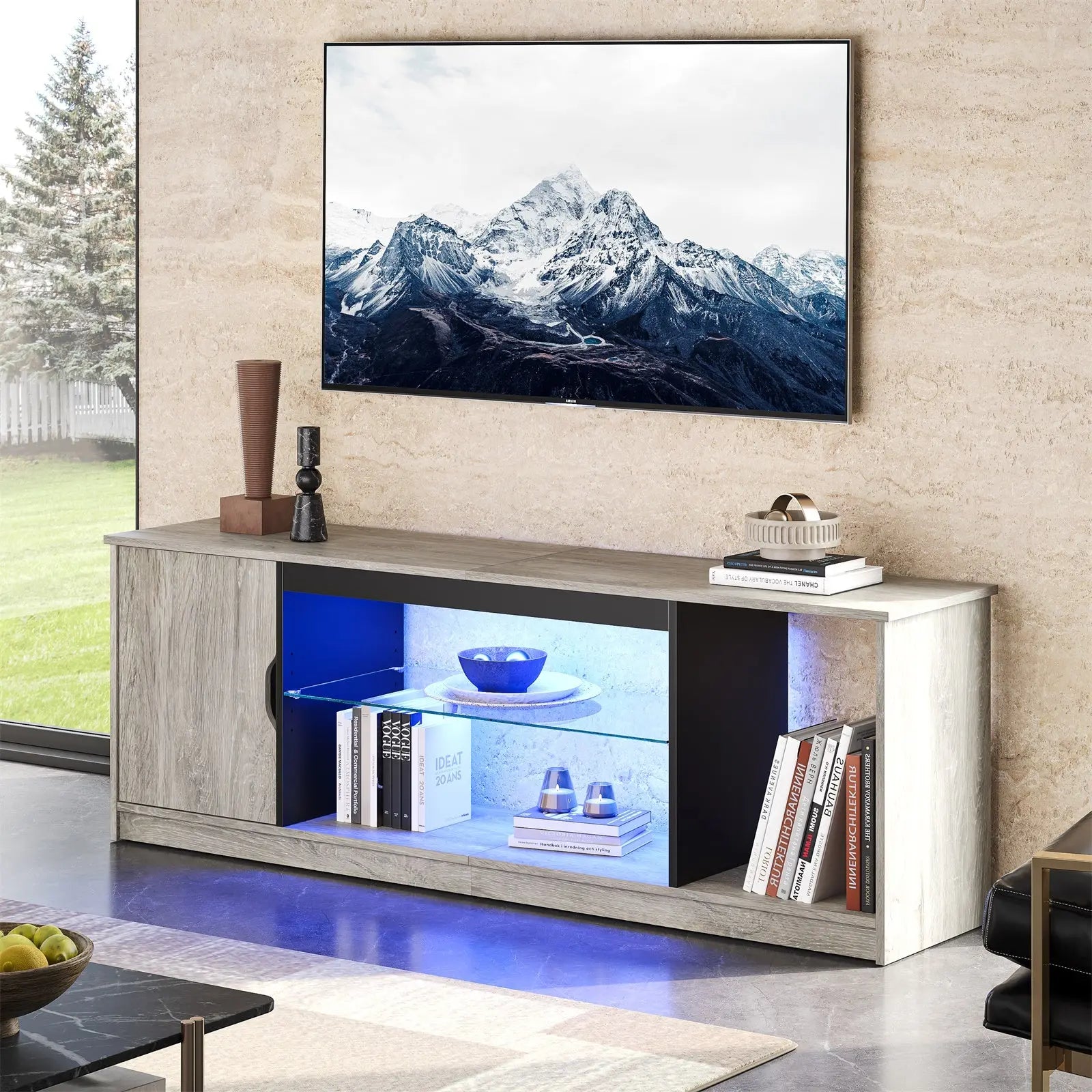 57-inch Gaming TV Stand with RGB Lights, Adjustable Glass Shelves & PS Console Storage Bestier