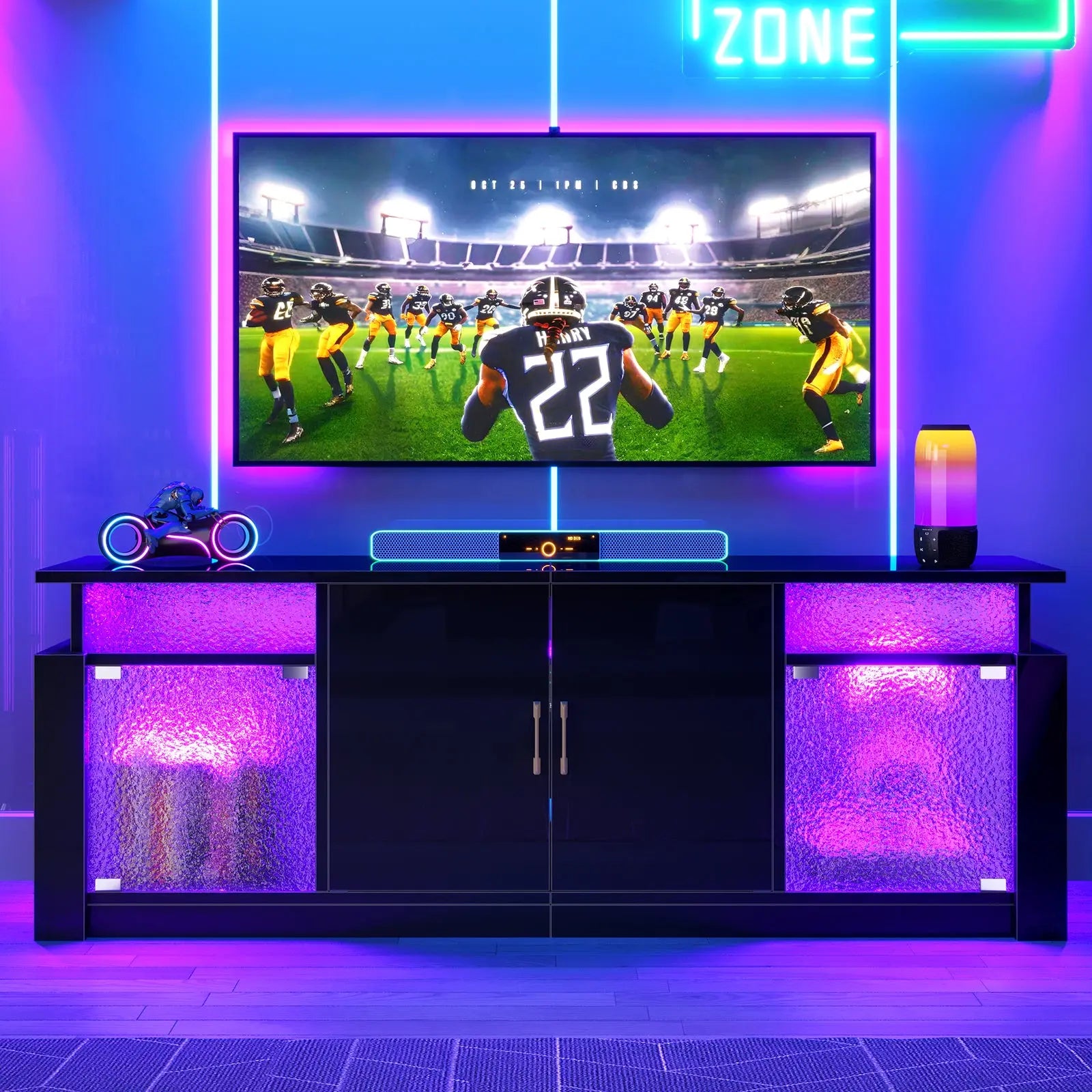 Modern TV Stand for 55-65" TVs, LED-Lit Entertainment Center with Adjustable Shelves, Enclosed Storage & Transparent Acrylic Doors for Living Room & Gaming Rooms Bestier
