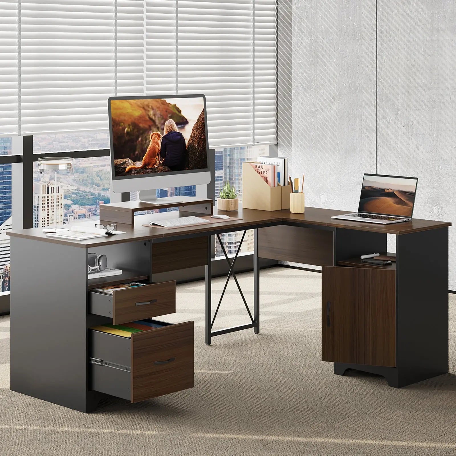 Bestier L Shaped Desk with File DrawersBestier 63" Farmhouse L Shaped Desk Office Computer Desk with Charging Station & Cabinet, Corner Desk with File Drawers for Home Office Bestier