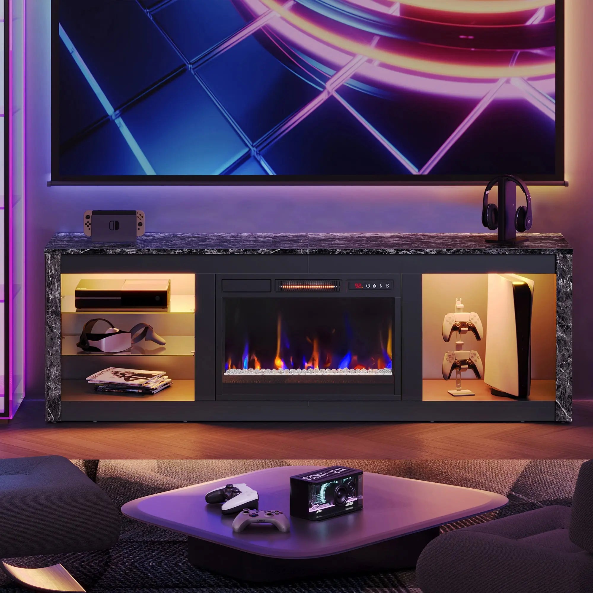 Bestier Modern Electric Fireplace TV Stand for TVs up to 55", with LED and Glass Shelves Bestier