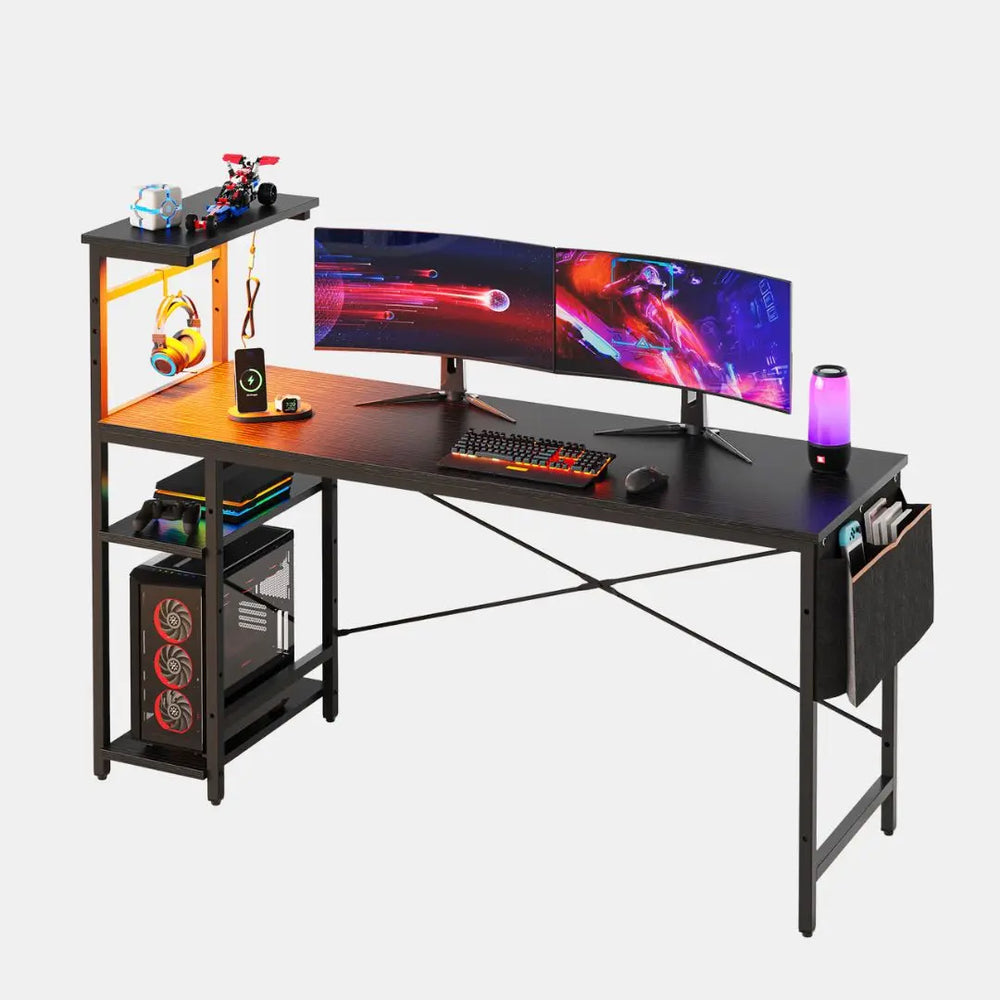 61 Inch Gaming Desk | LED Lights & Storage Shelves