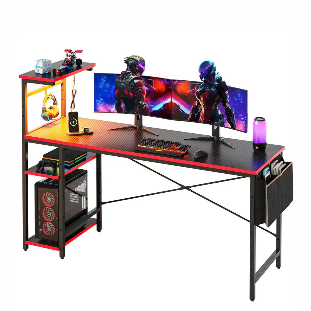 Gaming Desk with 4 Tiers Shelves & Storage Bag