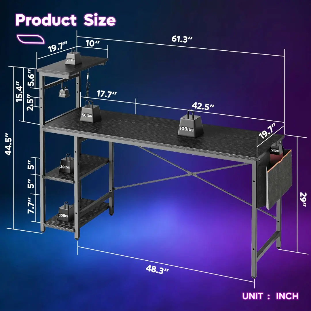the size of  61 Inch Gaming Desk with 4 Tiers Shelves & Storage Bag - Bestier