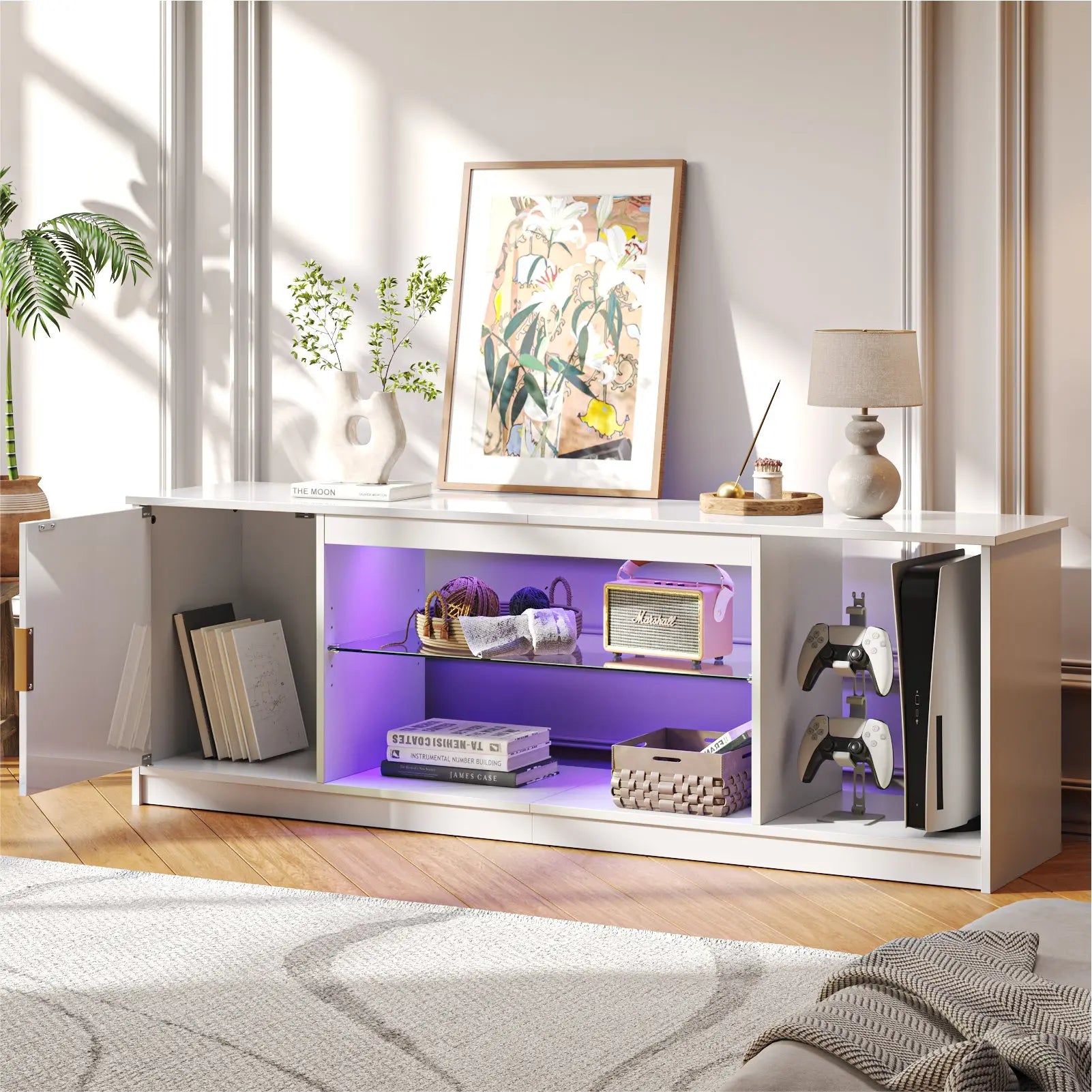 Bestier Fluted TV Stand for TVs up to 65 inch with LED Lights, High Glossy Entertainment Center with Storage Cabinet & Shelves Bestier