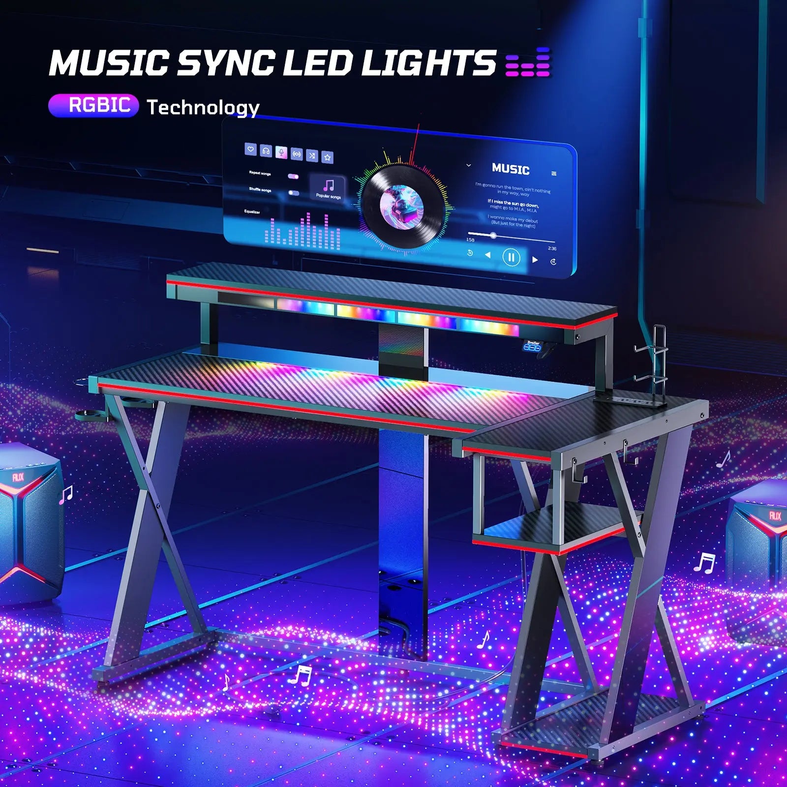 57-inch L-shaped Gaming Desk with RGB Music Sync Lights, 3 AC Outlets & Dual Cup Holders, Black Bestier