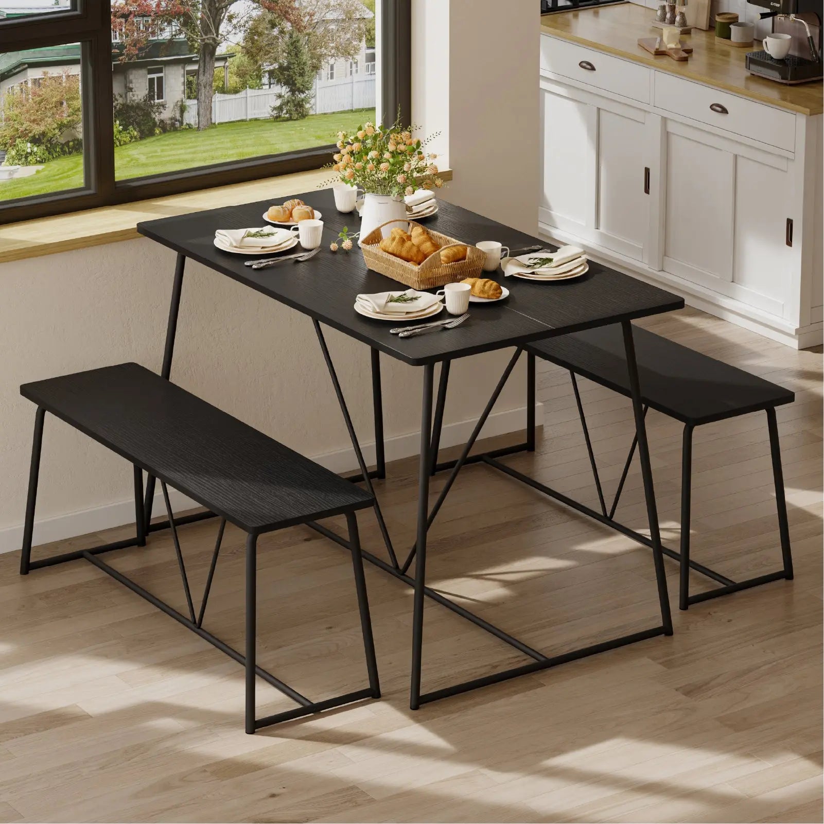 47.5 Inch Dining Table Set for 4, Modern Kitchen Room Table Set with 2 Benches, 3-Piece Dining Chairs Set for Breakfast Nook Bestier