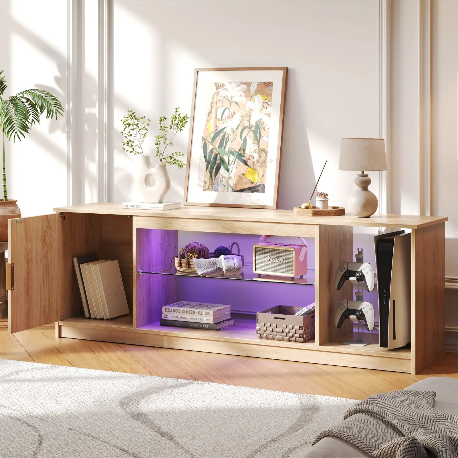 57" Gaming TV Stand with Adjustable Shelves LED-Lit TV Console for 65-Inch TVs with Cabinet Storage Bestier