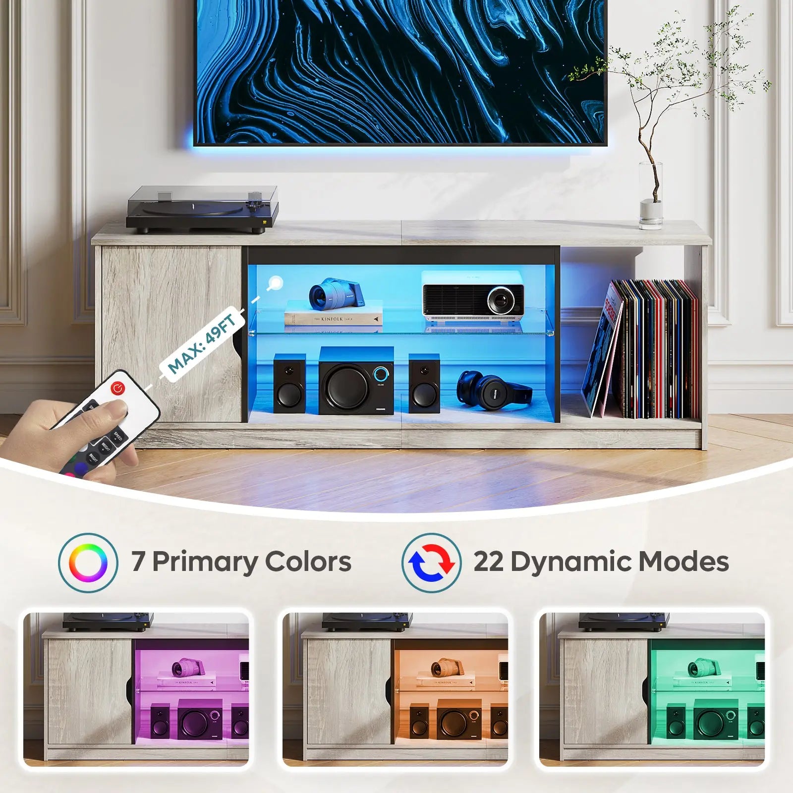 57-inch Gaming TV Stand with RGB Lights, Adjustable Glass Shelves & PS Console Storage Bestier
