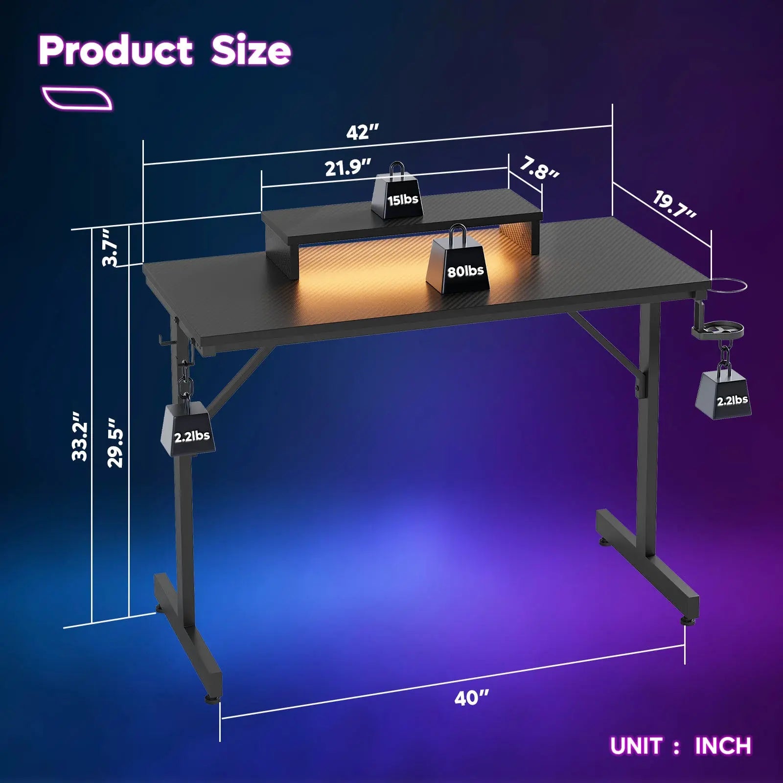 Bestier 42" Gaming Desk PC Computer Office Table Desk with LED Lights & Monitor Stand & Headphone Hook & Cup Holder in Carbon Fiber Black Bestier