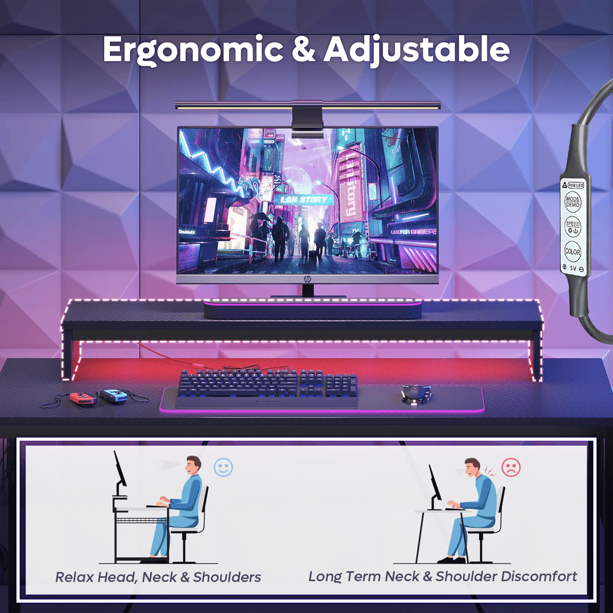 Bestier 41.7 inch Gaming Desk with LED Monitor Stand, Storage Pocket, Grid Side Frame, for Gaming Room and Home Office Bestier