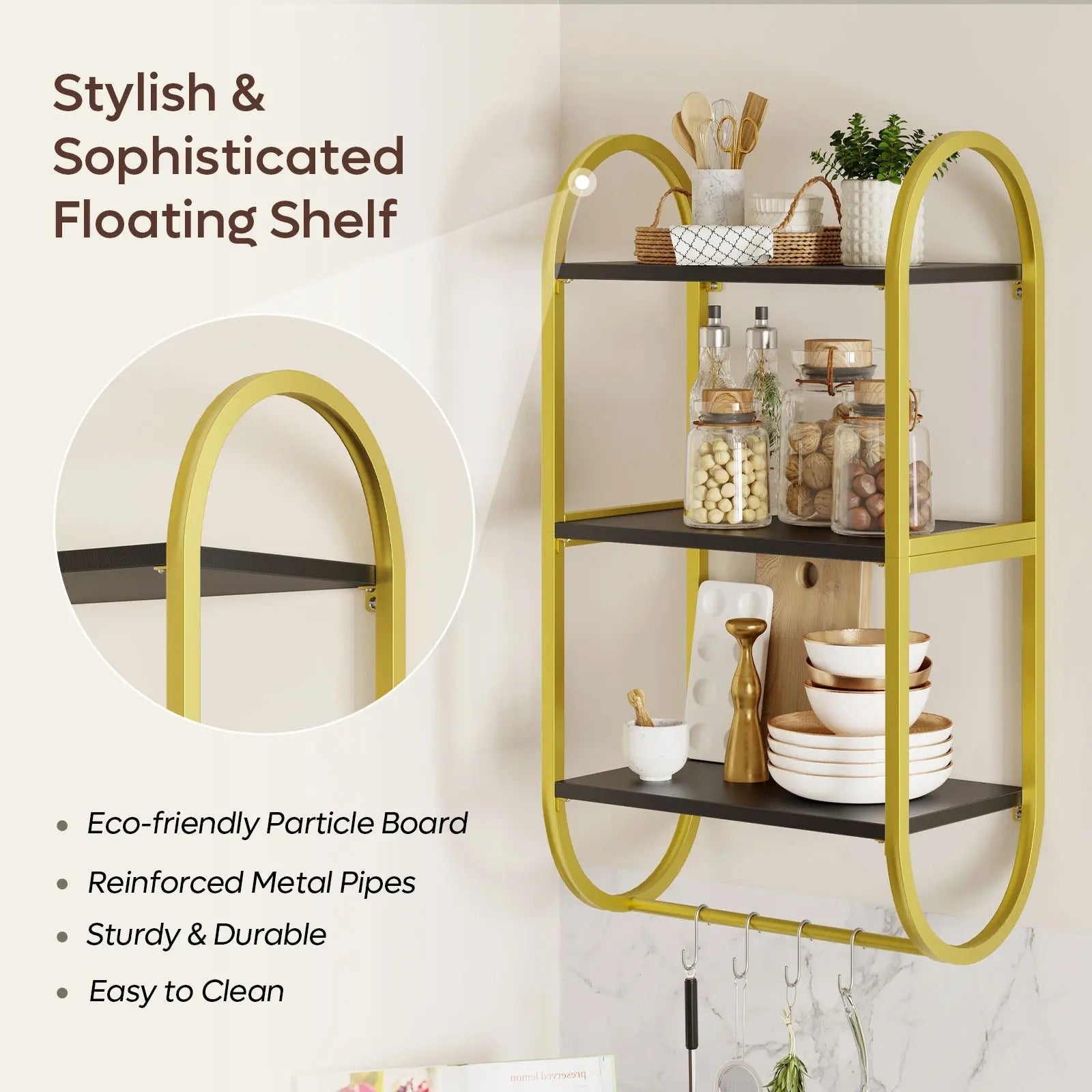 3-Tier Floating Wall Shelves with Towel Bar & Hooks - Versatile Home Storage Bestier