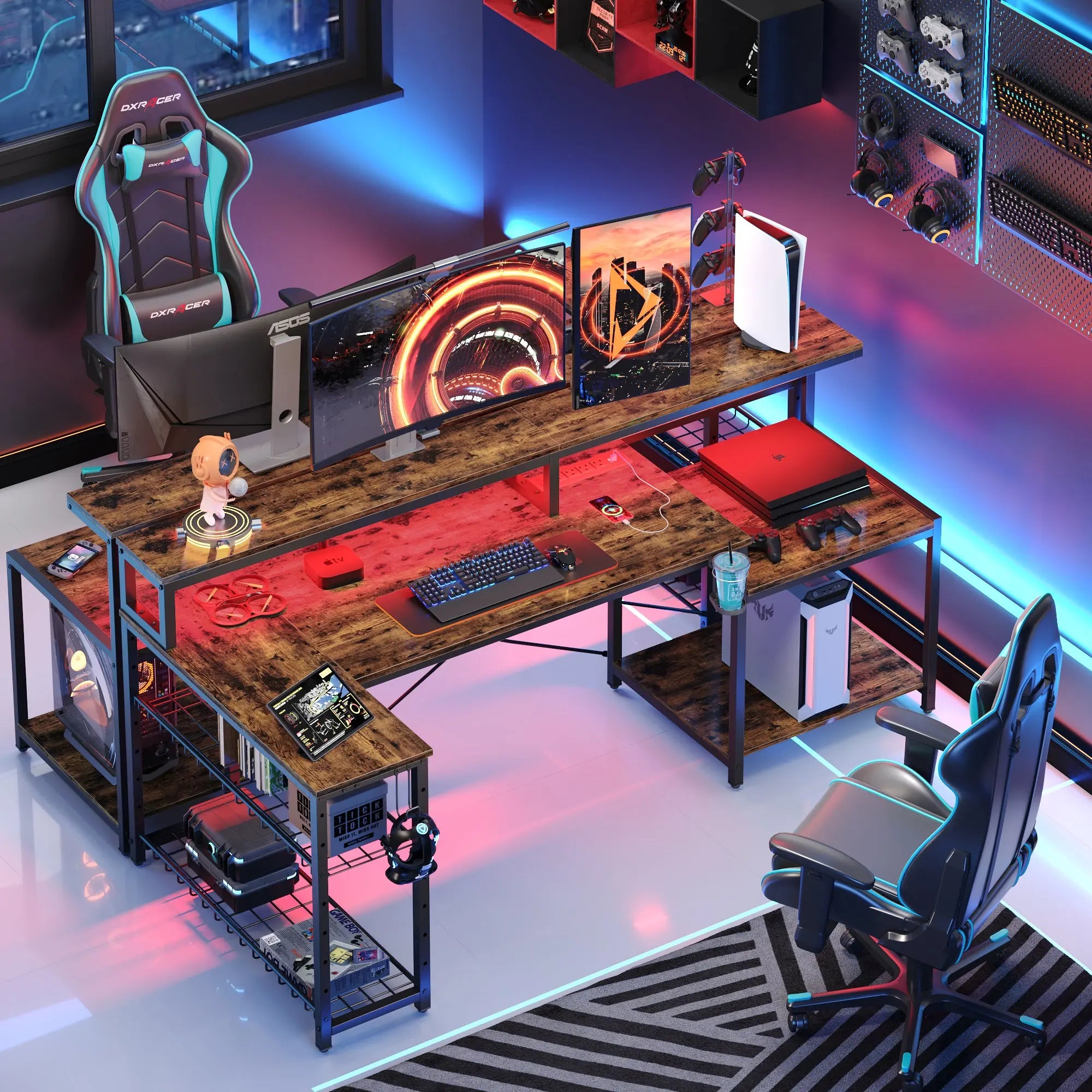 Bestier - L-Shaped Gaming Desk with Power Outlets, LED Lighting and Monitor Stand Bestier