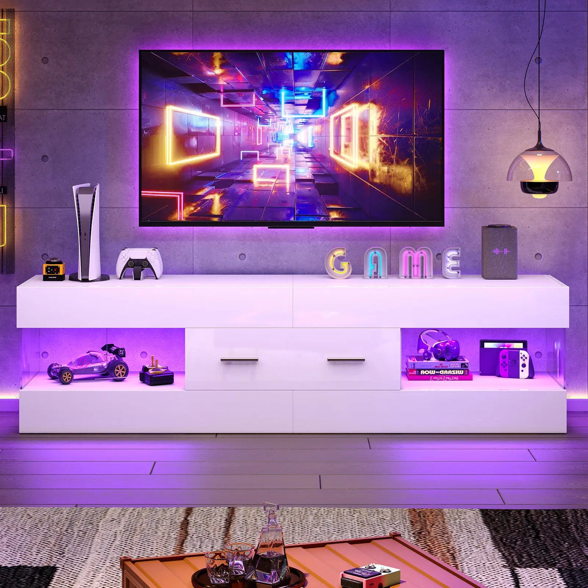 Bestier 60" High Gloss RGB LED TV Stand - Engineered Wood Minimalist Modern Media Console, Pull-Out Storage Drawer, Ripple Texture Acrylic Side Panels, Supports 65" TV, Man Cave Furniture Bestier