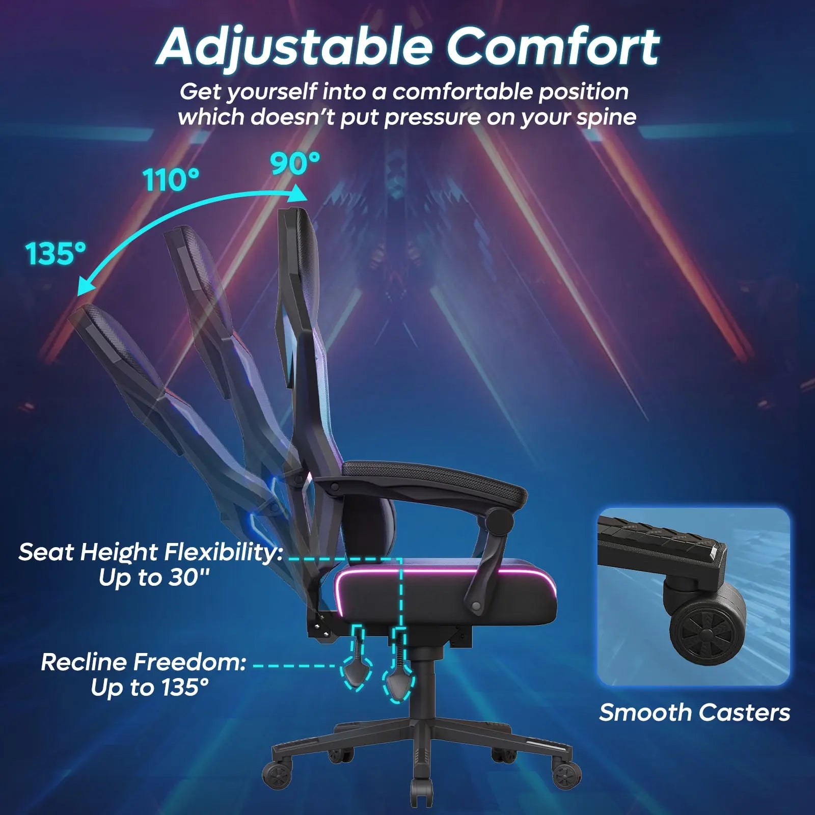 Bestier LED gaming chair with adjustable recline (90-135°), seat height up to 30", and smooth casters.