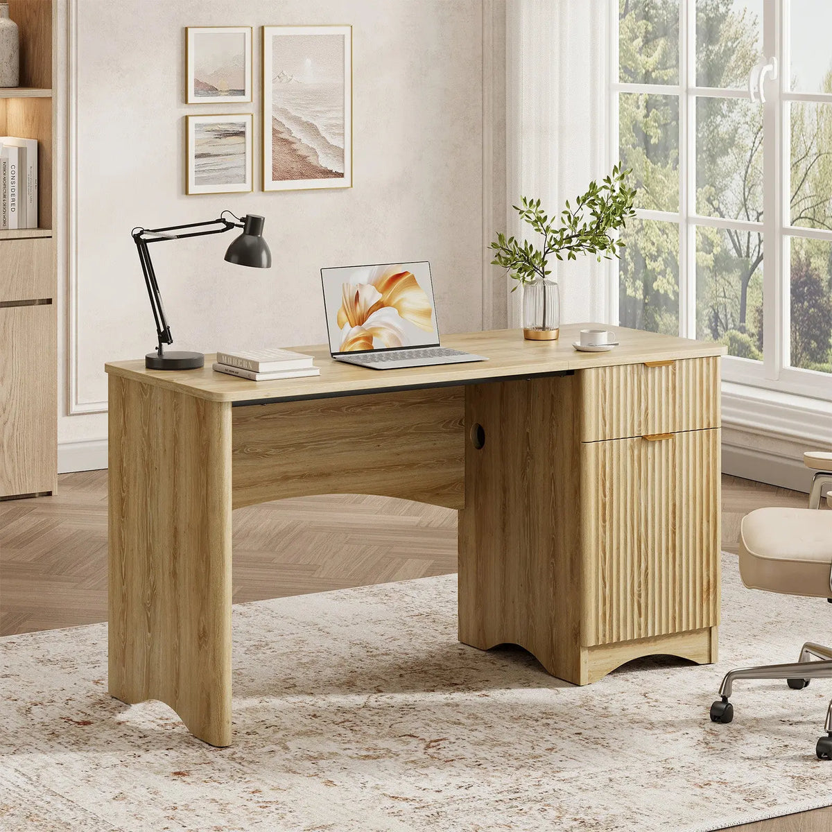 Bestier 47-in Fluted Computer Desk with Drawer & File Cabinet, Modern Natural Oak Storage Unit for Home Office, Bedroom Study, Desk For Home Office Bestier