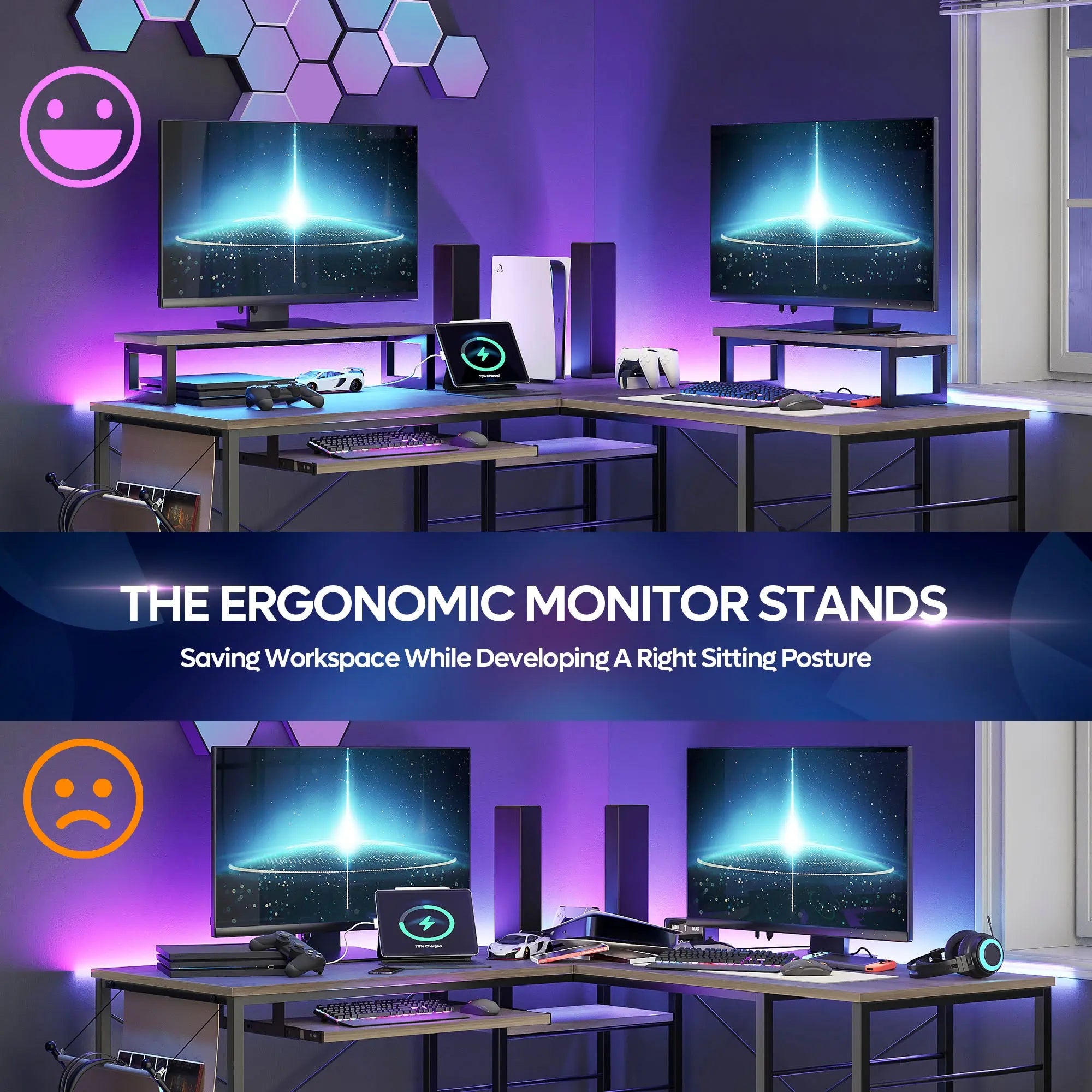 Bestier L Shaped Gaming Desk or 2 Person Long Table with Shelves Monitor Stand and Keyboard Tray Bestier