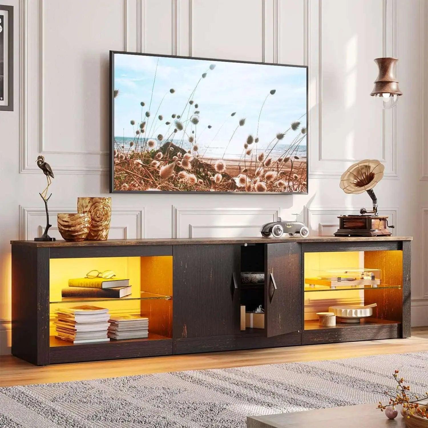 Bestier 70/80 Inch TV Stand of Golden Black with LED Lights for 75/80/85 Inch TV Bestier