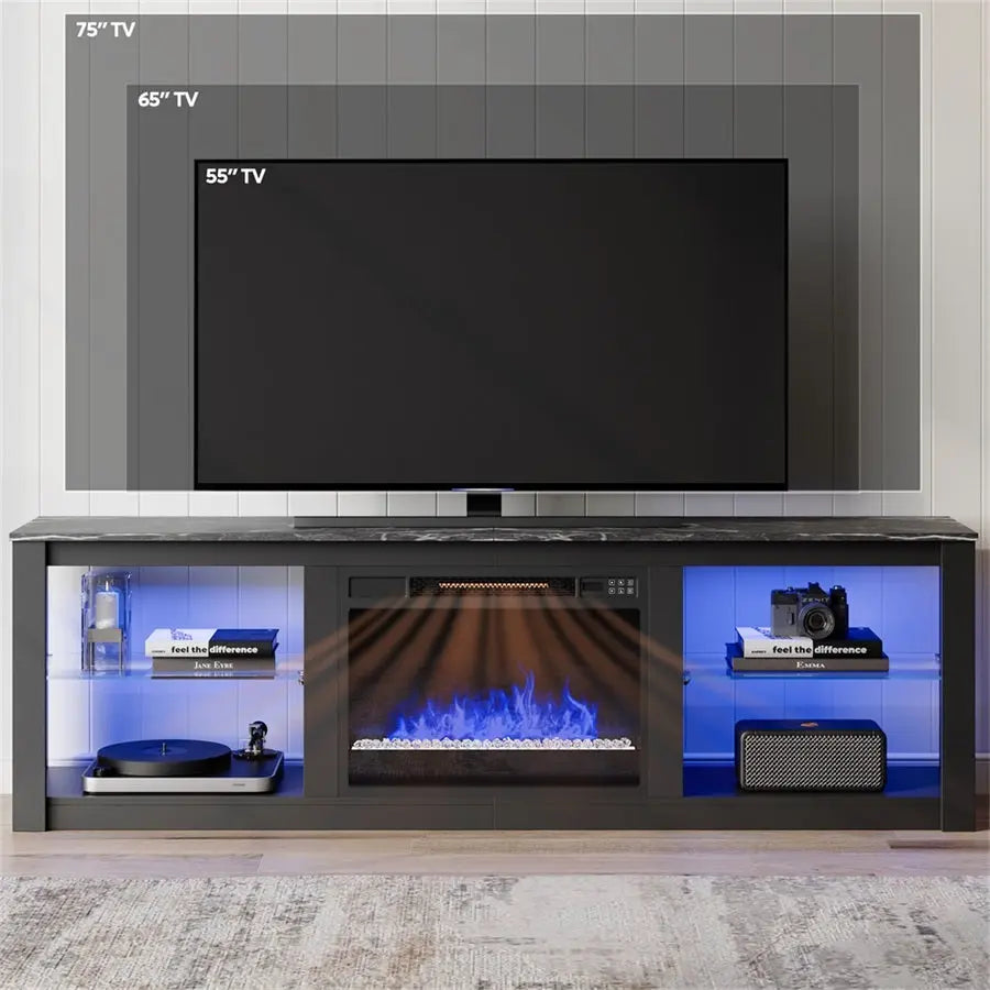 71'' Electric Fireplace TV Stand of Black Marble-Bestier