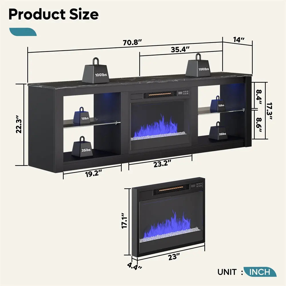 the size of  Black Marble 71'' Electric Fireplace TV Stand