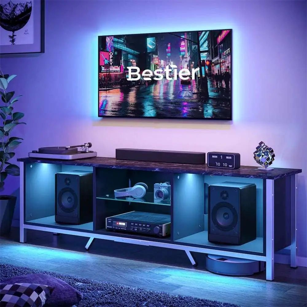 Bestier 70 inch TV Stand of Black Marble with LED Light