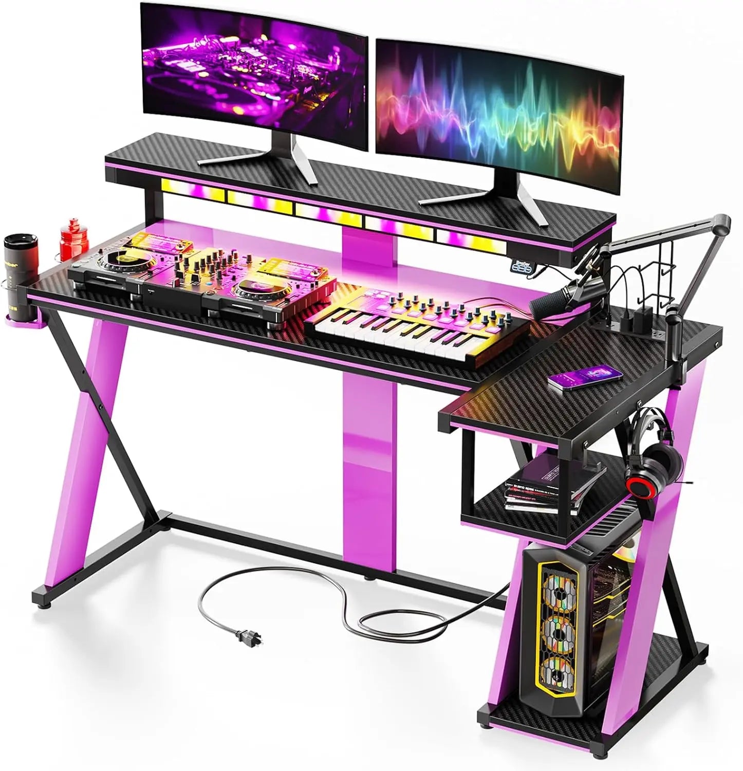 57-inch L-shaped Gaming Desk with RGB Music Sync Lights, 3 AC Outlets & Dual Cup Holders, Black Bestier