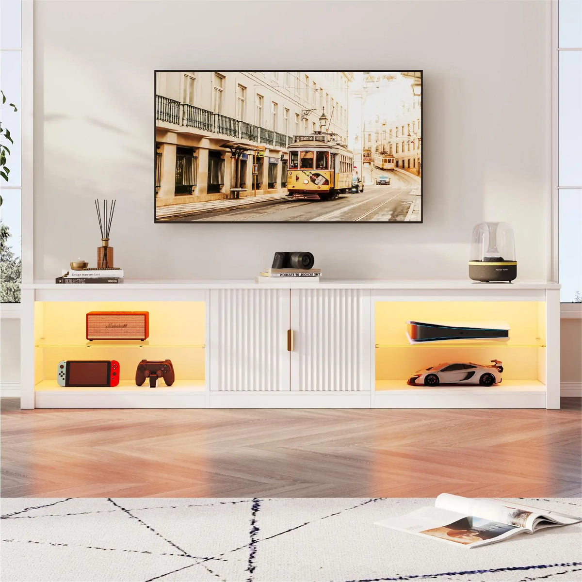 BESTIER Modern Elegant RGB LED Freestanding TV Console Cabinet - Television Stands, TV Floor Stand, Living Room Use, 80 Inches, Supports 85", Wall Bracket, Adjustable Glass Shelves, Storage Cabinets, Assembly Required Indoor Furniture Bestier