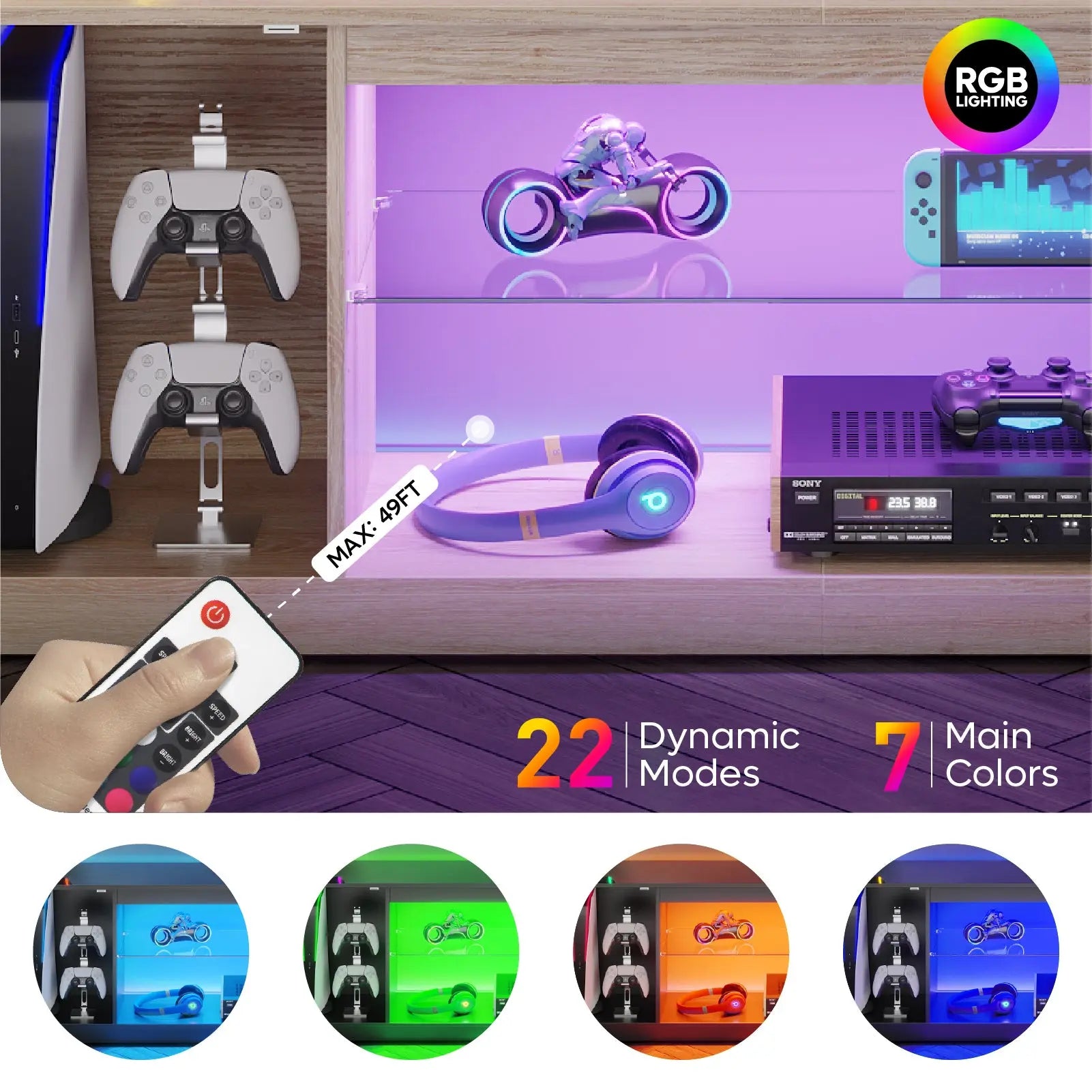 57" Gaming TV Stand with Adjustable Shelves LED-Lit TV Console for 65-Inch TVs with Cabinet Storage Bestier