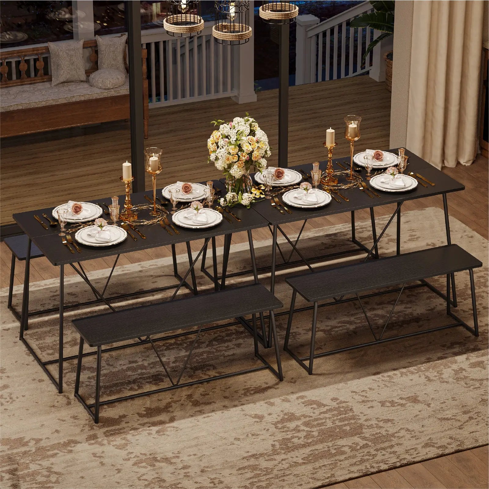 47.5 Inch Dining Table Set for 4, Modern Kitchen Room Table Set with 2 Benches, 3-Piece Dining Chairs Set for Breakfast Nook Bestier