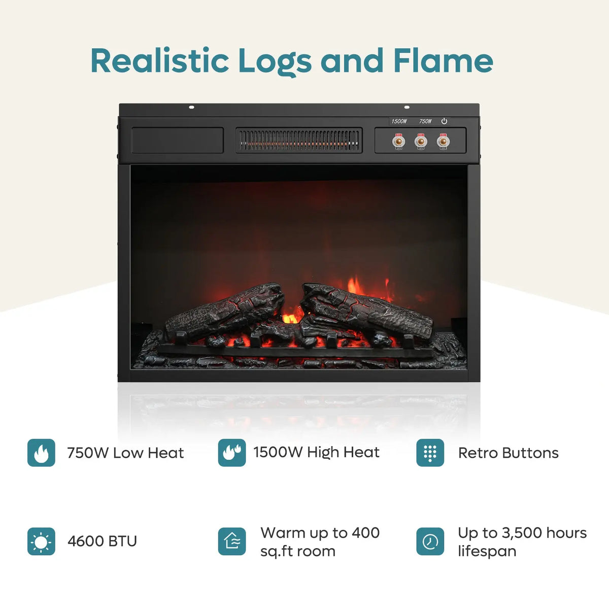 Bestier 3D electric fireplace, realistic logs & flame, 750W/1500W heat, 4600 BTU.