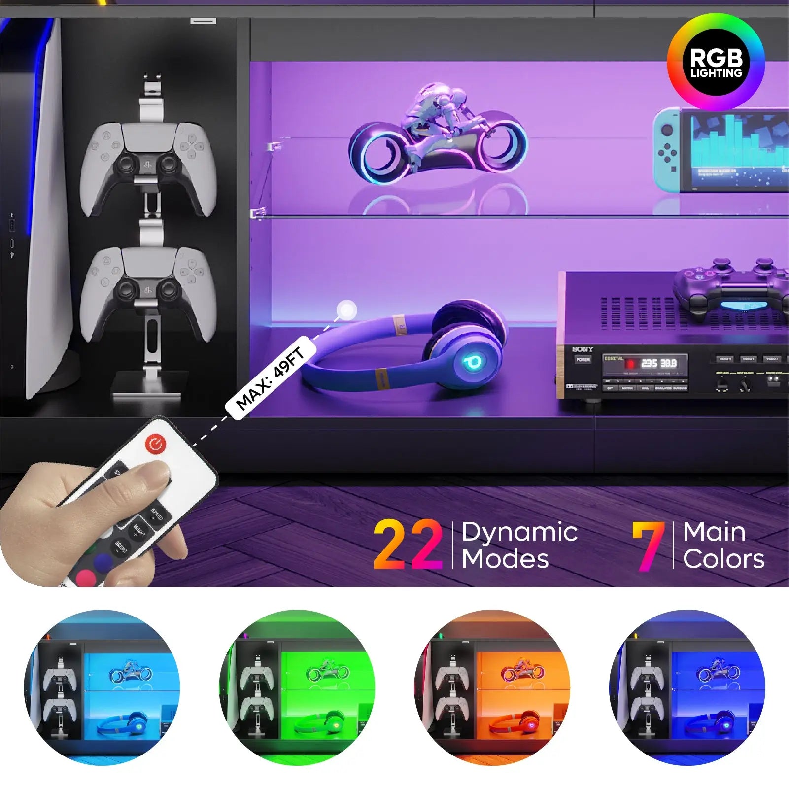 Bestier Fluted TV Stand for TVs up to 65 inch with LED Lights, High Glossy Entertainment Center with Storage Cabinet & Shelves Bestier