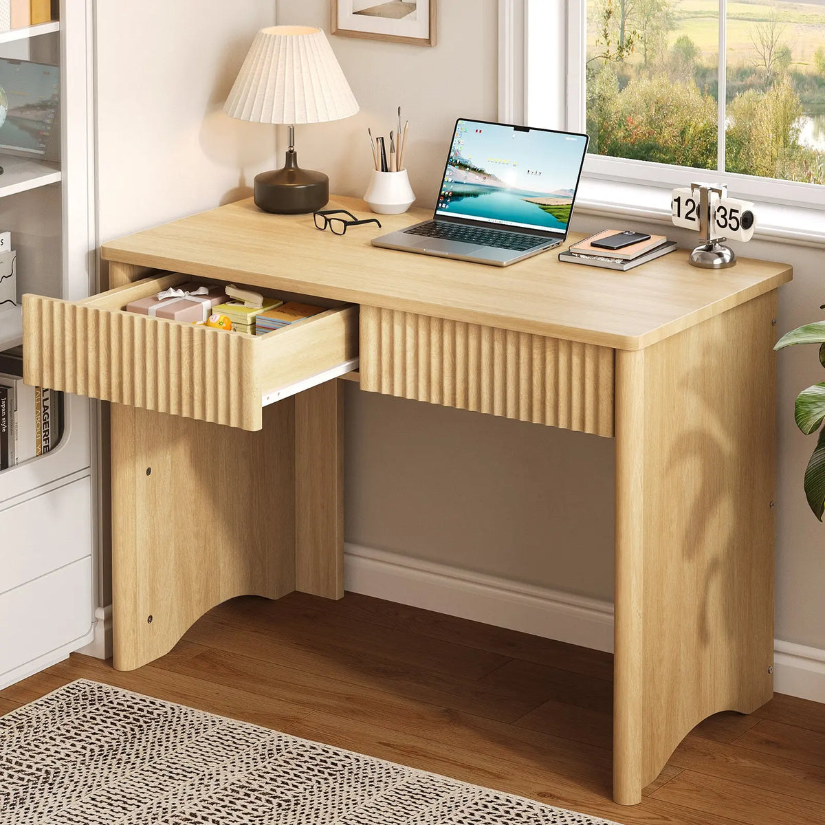 Bestier 40 In Fluted Wood Office Desk - Commercial Furniture with 2 Silent Drawers, Light Wood Finish Bestier