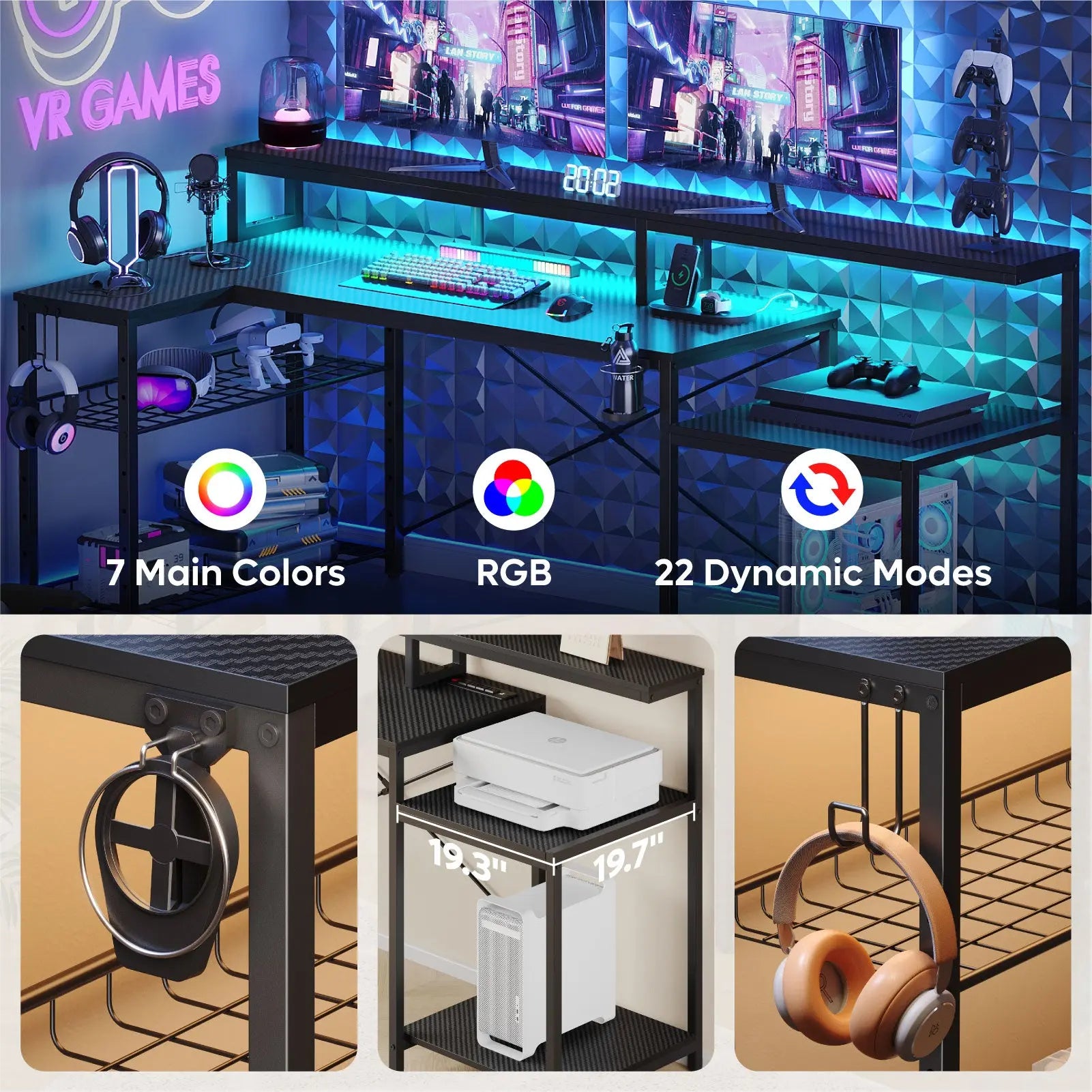Bestier - L-Shaped Gaming Desk with Power Outlets, LED Lighting and Monitor Stand Bestier