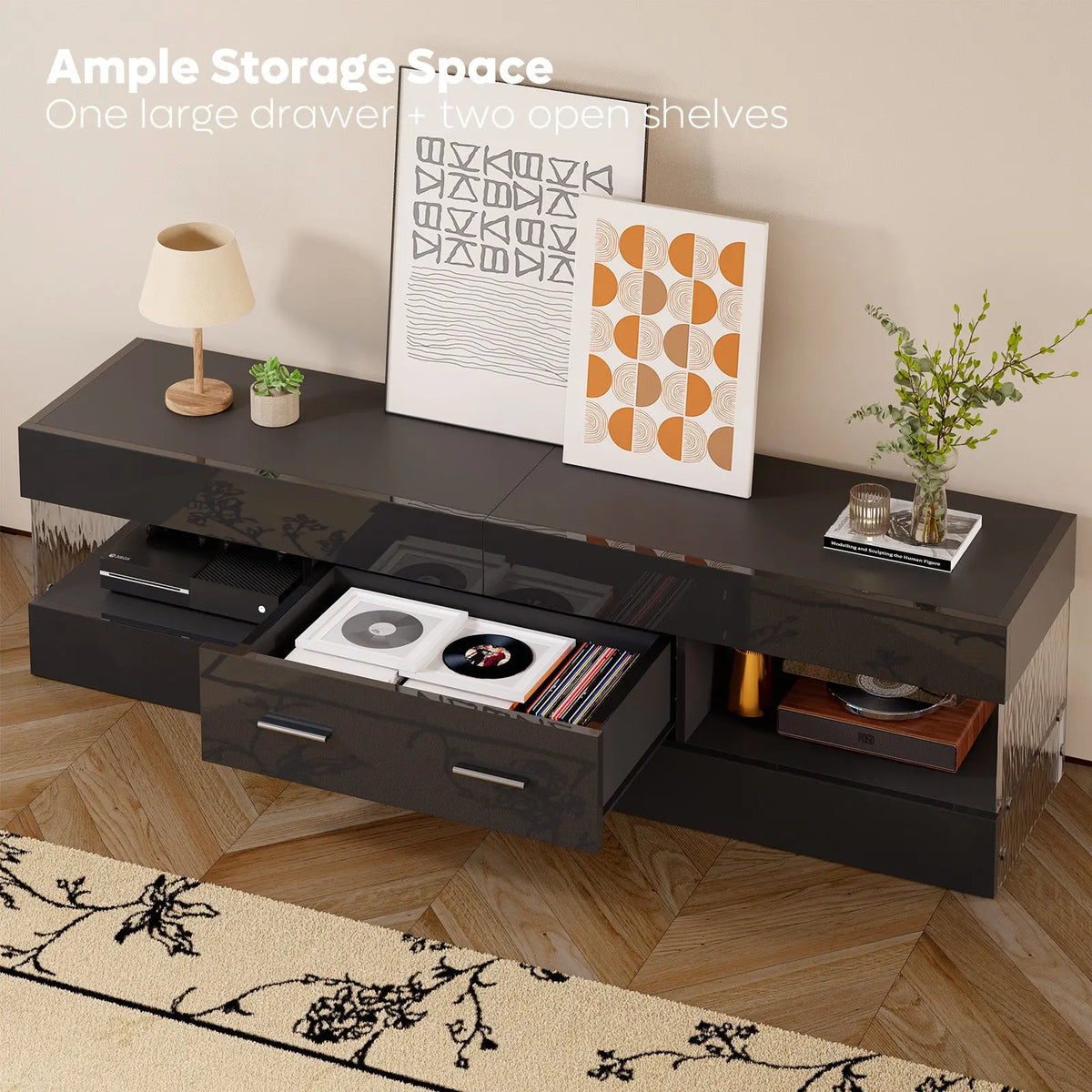 Bestier 60" High Gloss RGB LED TV Stand - Engineered Wood Minimalist Modern Media Console, Pull-Out Storage Drawer, Ripple Texture Acrylic Side Panels, Supports 65" TV, Man Cave Furniture Bestier