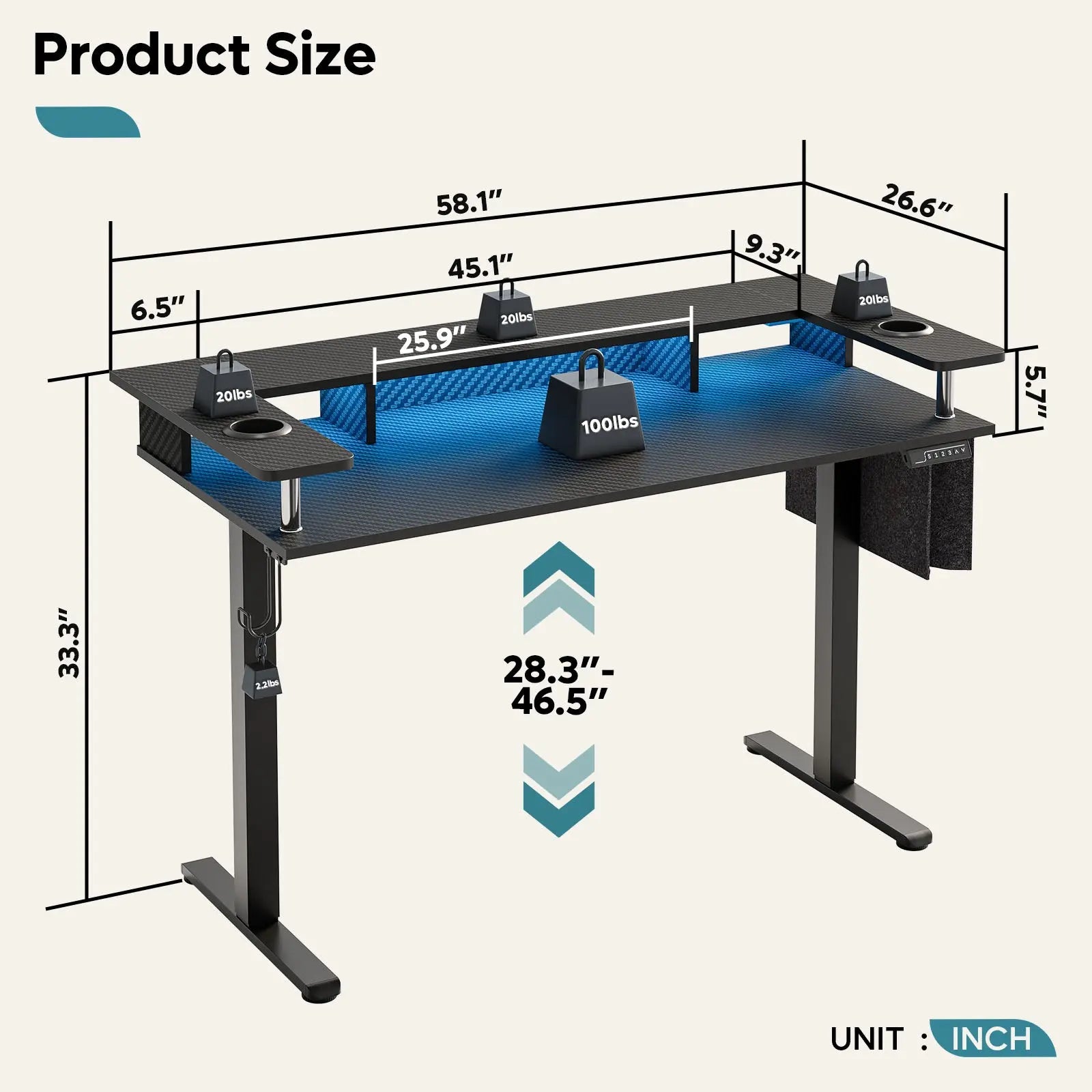 Bestier 58" wide adjustable electric standing desk dimensions: 58.1"Wx26.6"D, height 28.3-46.5", 100lb capacity.