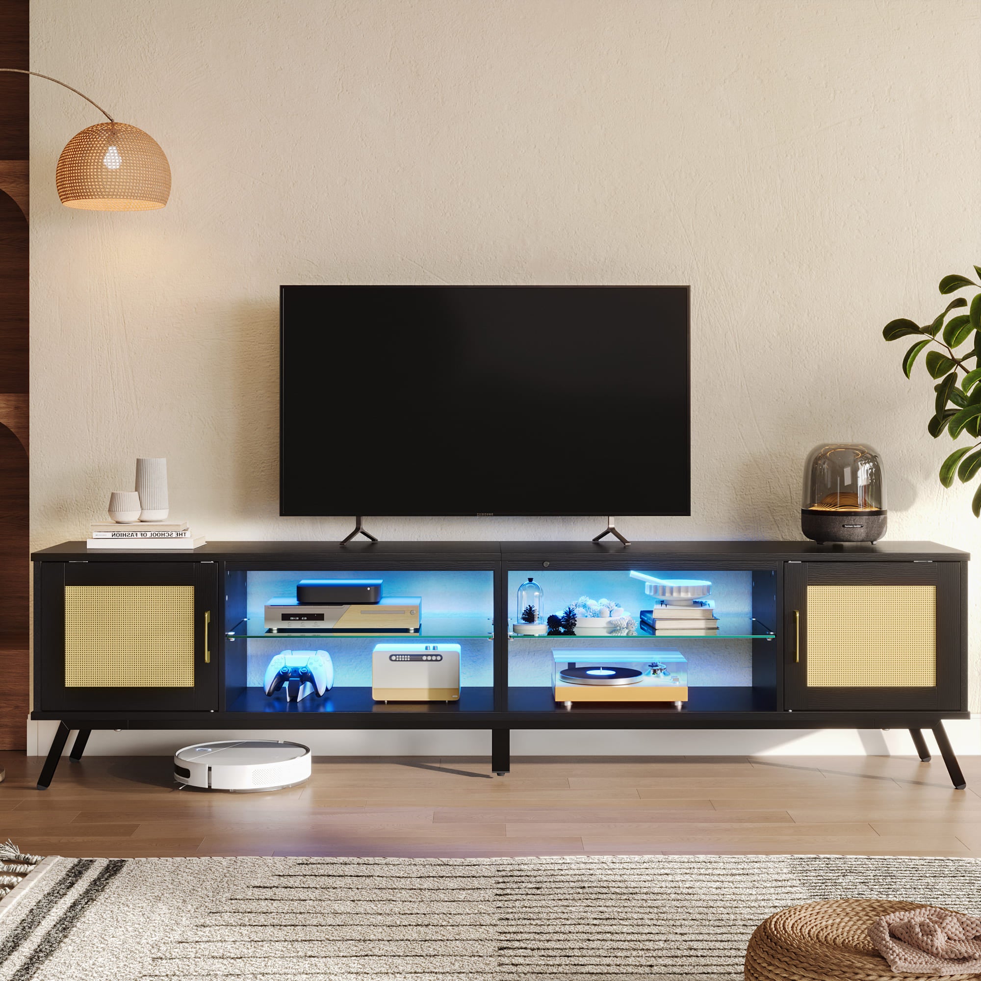 a bluetooth home speaker on the 80 inch mid century TV stand