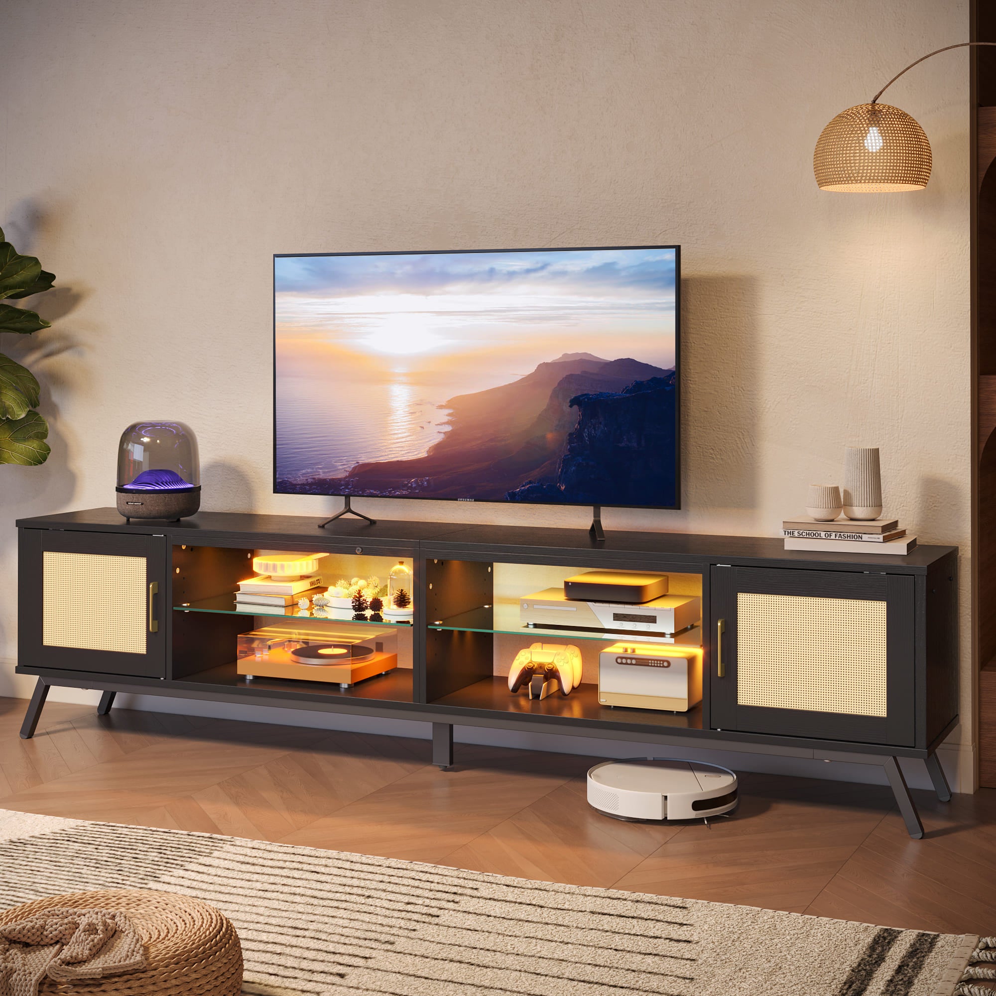 80 inch rattan style TV stand in a room