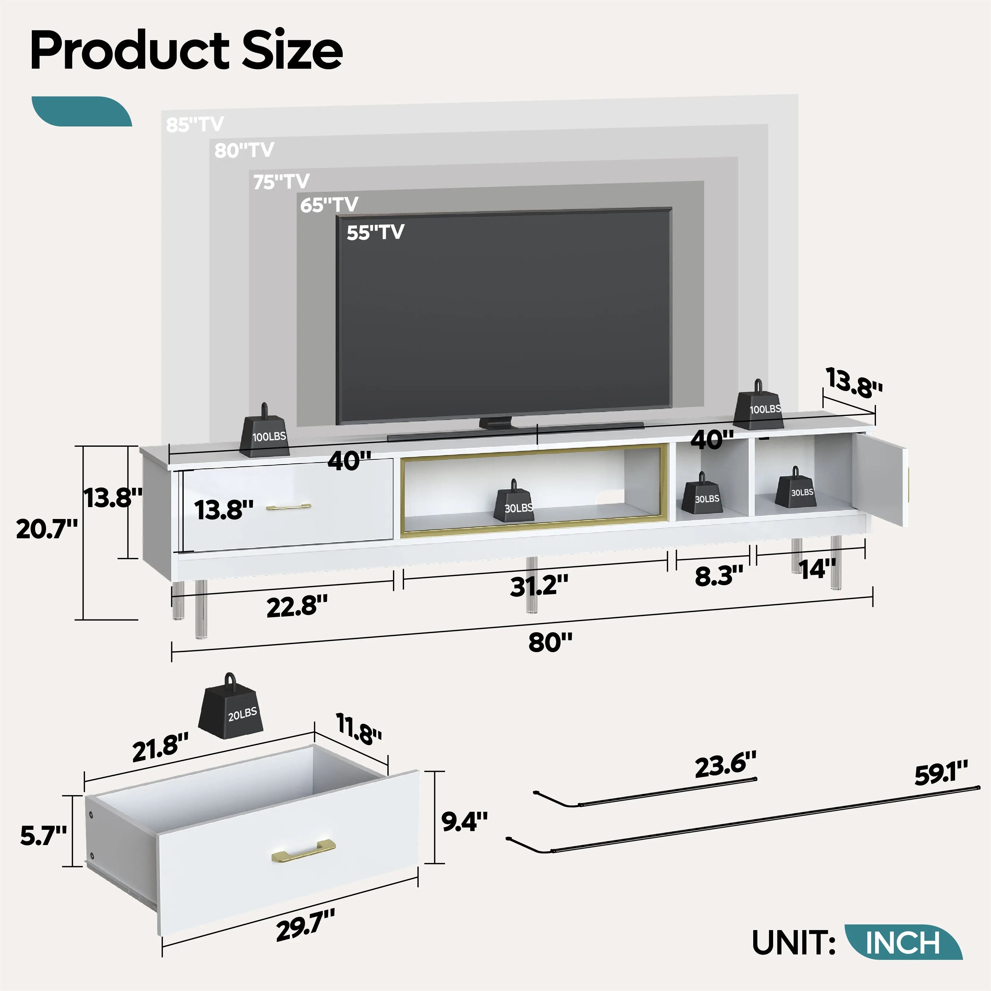 Bestier 80 Inch High Glossy TV Stand of white with Storage for Televisions up to 85"