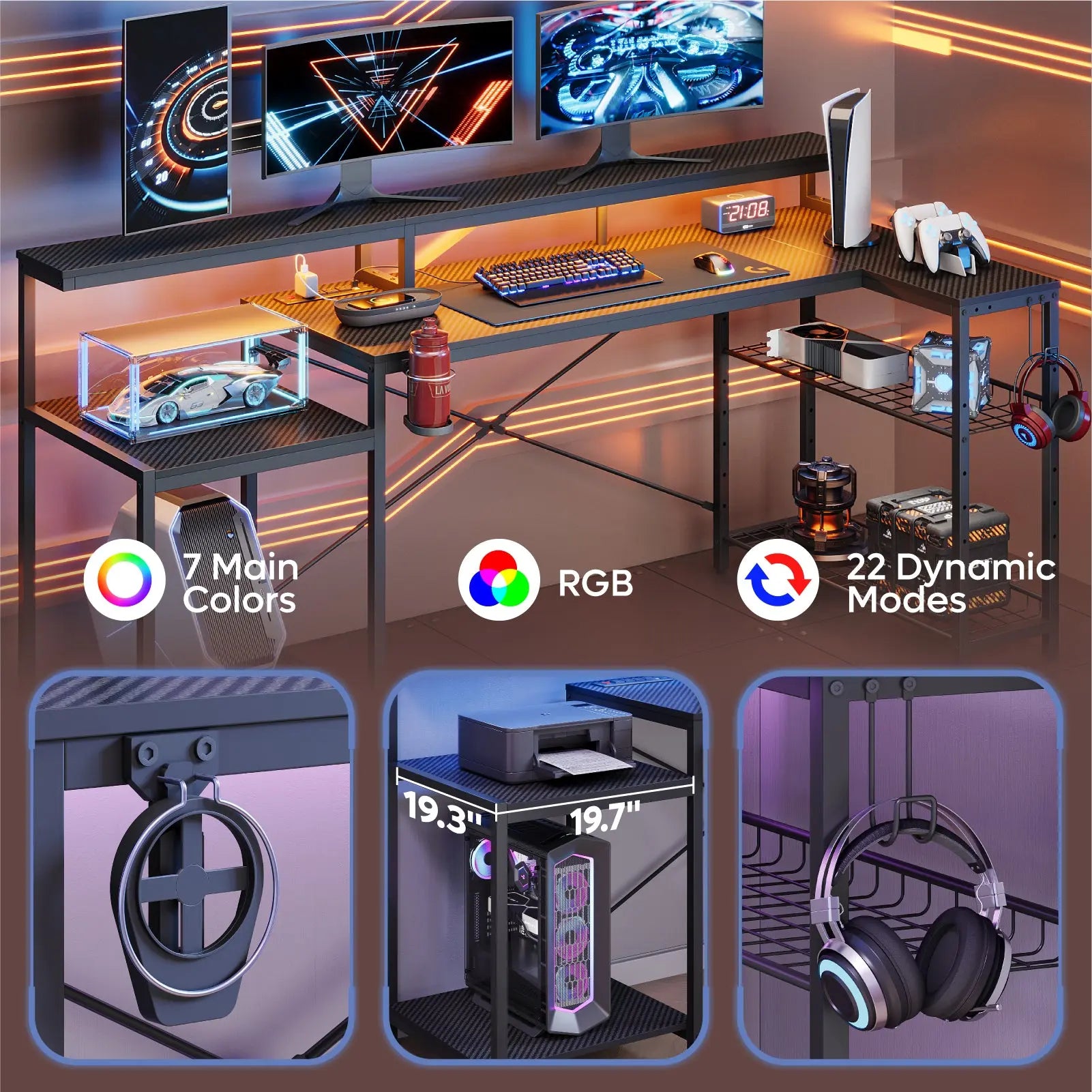Gaming Desk with Power Outlet, 71.5 inch LED Computer Desk with Monitor Stand, L Shaped Large Desk with Metal Shelf, Cup Holder & Headset Hooks, Corner Desk for Bedroom 3D Carbon Fiber Bestier