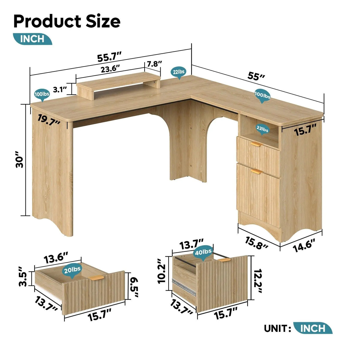 BESTIER Adjustable L-Shaped Ergonomic Gaming PC Desk - Office Furniture with Monitor Stand, A4 Drawer Fit, Open Shelf, Posture Support, Dual Monitor Compatibility, Sturdy Desks & Workstations, Assembly Required, Home Office Use Bestier