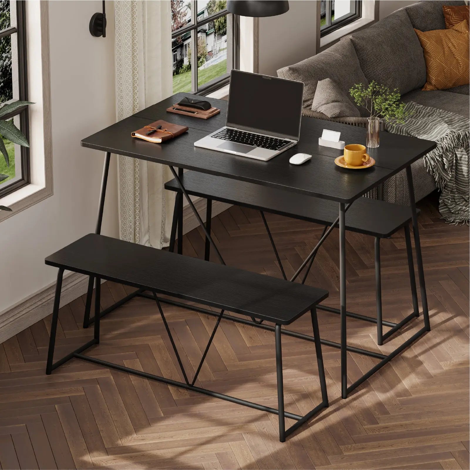 47.5 Inch Dining Table Set for 4, Modern Kitchen Room Table Set with 2 Benches, 3-Piece Dining Chairs Set for Breakfast Nook Bestier