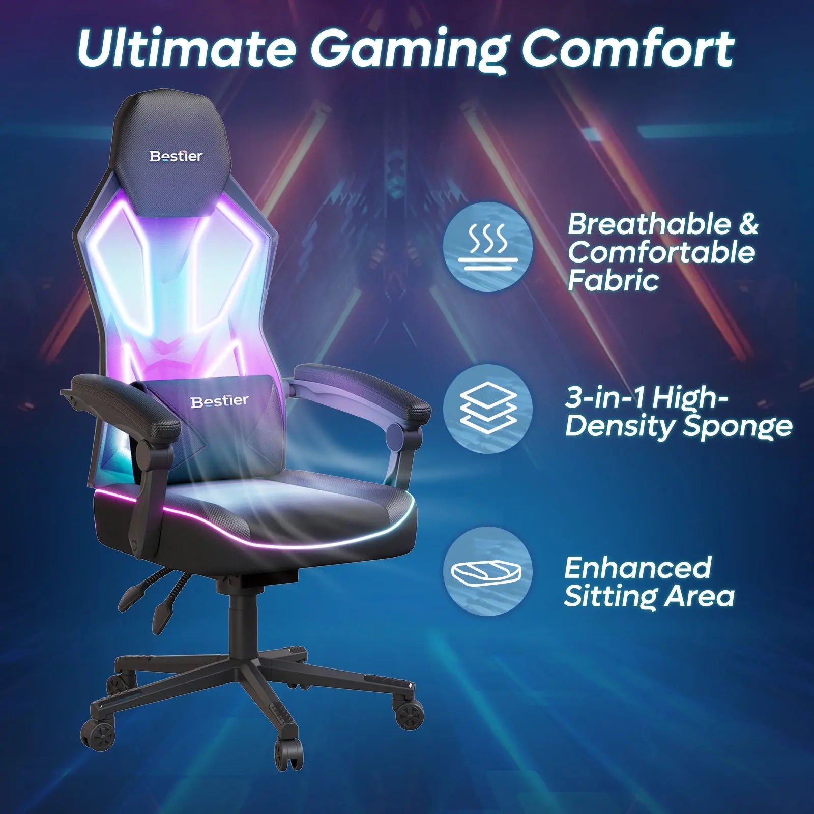 Bestier LED gaming chair with RGB lighting, breathable mesh, and ultimate comfort.