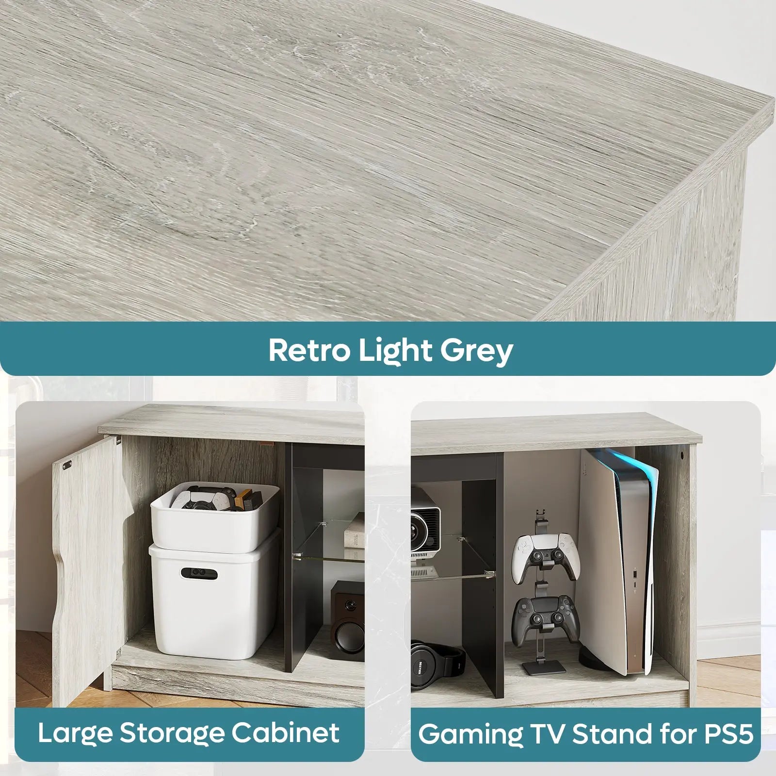 57-inch Gaming TV Stand with RGB Lights, Adjustable Glass Shelves & PS Console Storage Bestier