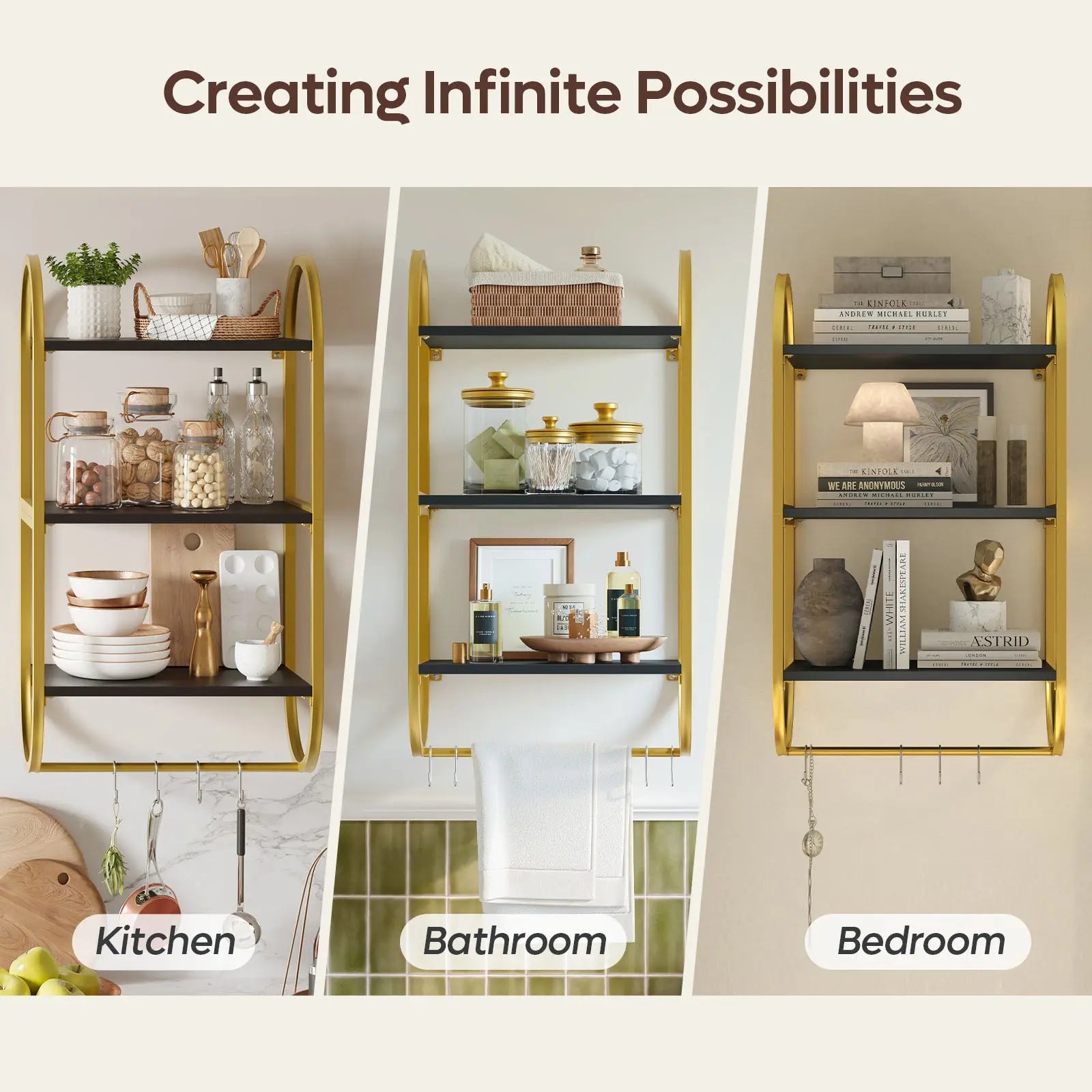 3-Tier Floating Wall Shelves with Towel Bar & Hooks - Versatile Home Storage Bestier
