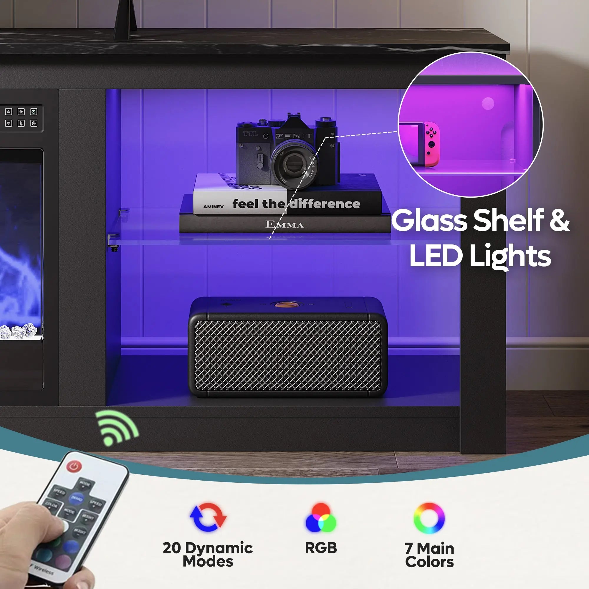 Bestier 70-inch fireplace TV stand with adjustable glass shelf, RGB LED lighting, and remote.
